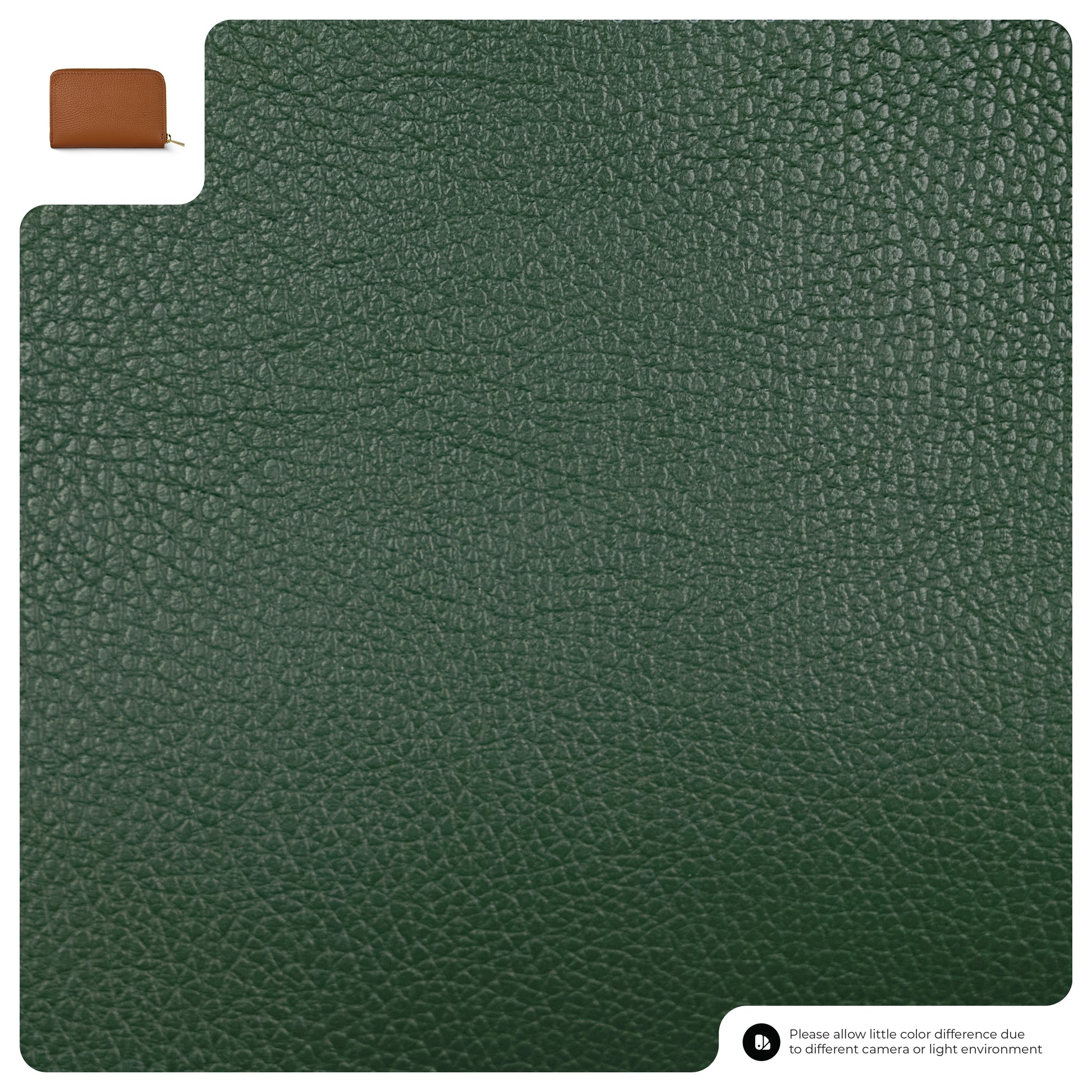 A close-up of dark green textured Italian leather wallet with a small inset showing a brown version in the top left corner. At the bottom right, a note explains possible color differences due to lighting or camera settings.