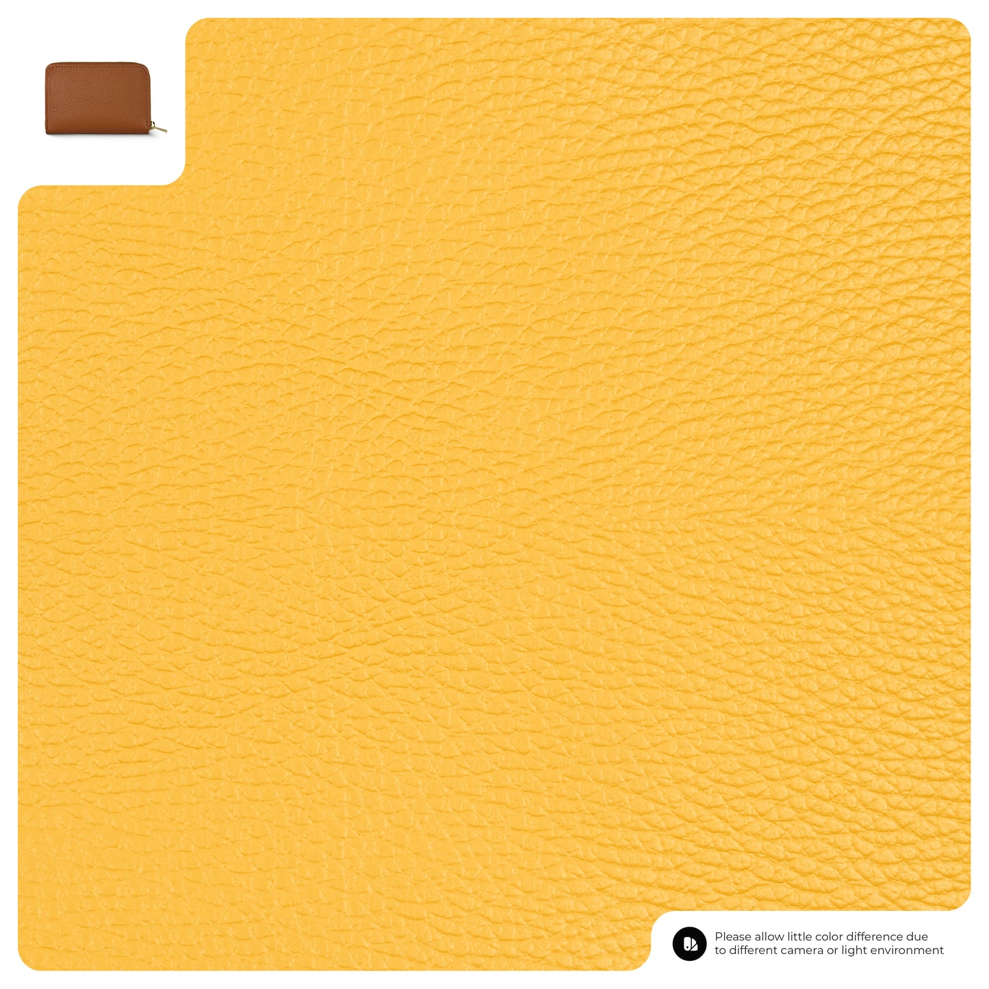 A large square swatch of yellow textured calf leather with a small inset image of a brown slim wallet in the top left corner and a note about possible color differences in the bottom right.
