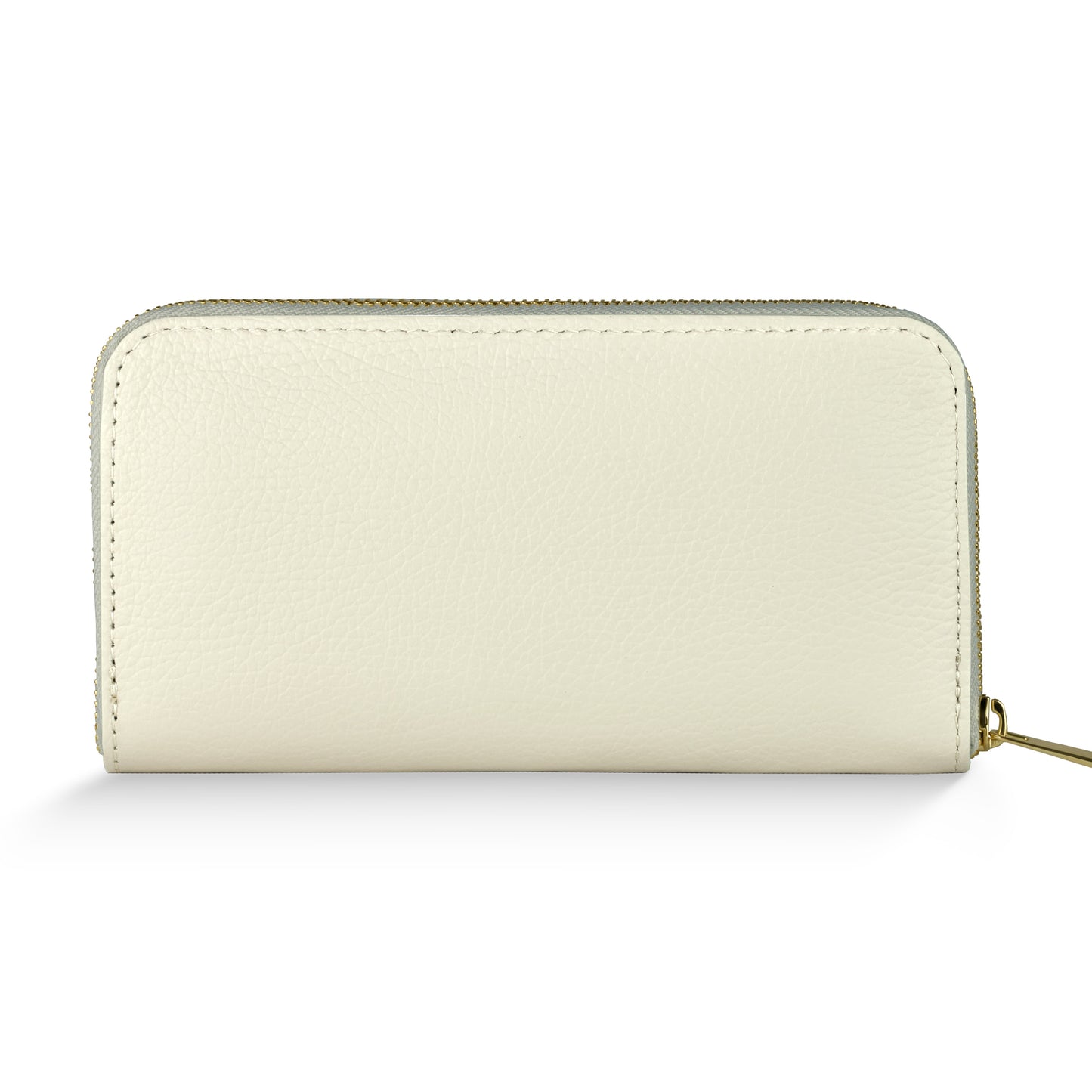 A cream-colored pebbled grain wallet crafted from leather, displayed closed and flat. This women's wallet features a gold zipper running along the top and right sides.