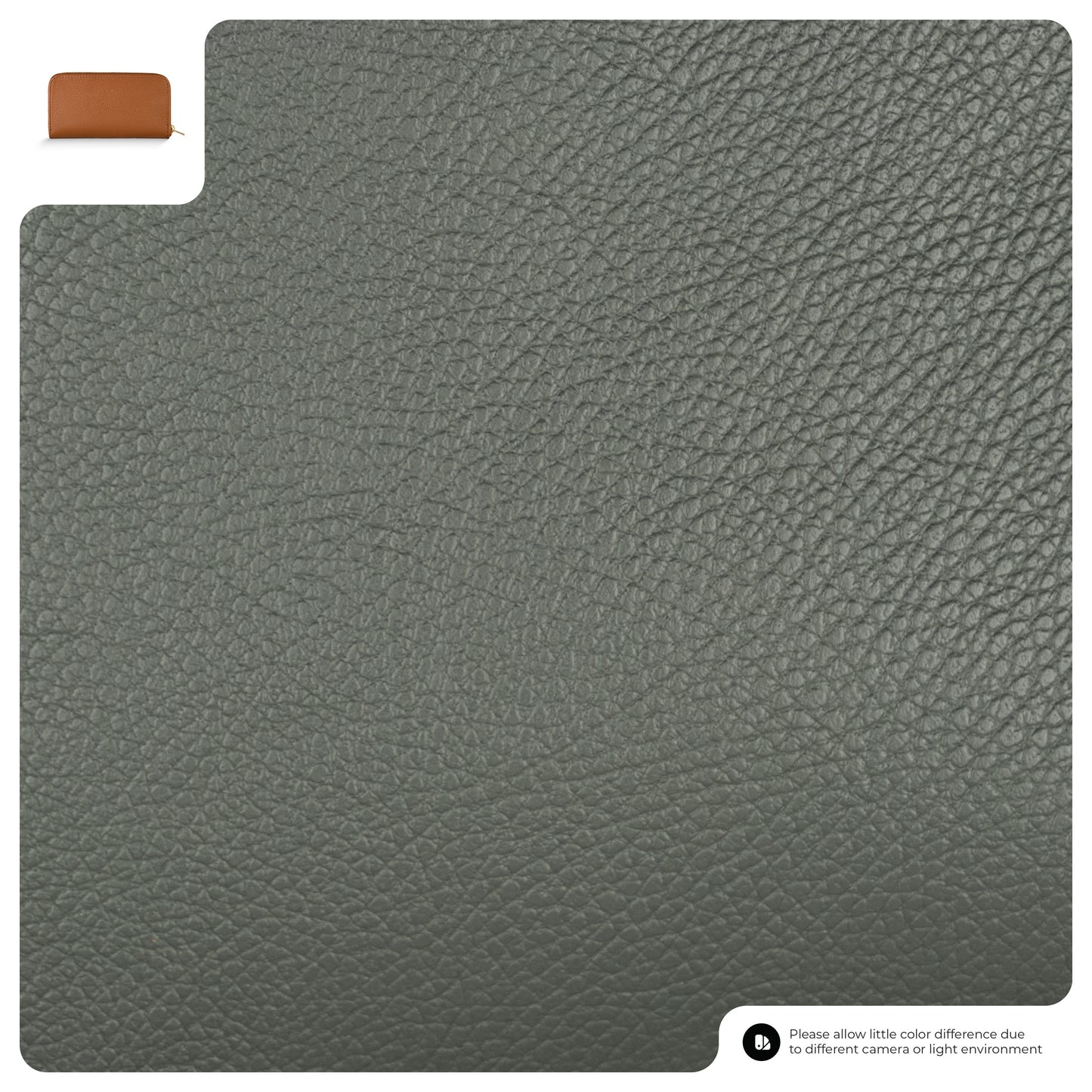 Close-up of textured gray leather material, perfect for a women's wallet, with a small inset image of a brown Italian leather wallet in the top left corner; note at the bottom explains possible color differences from camera or lighting.