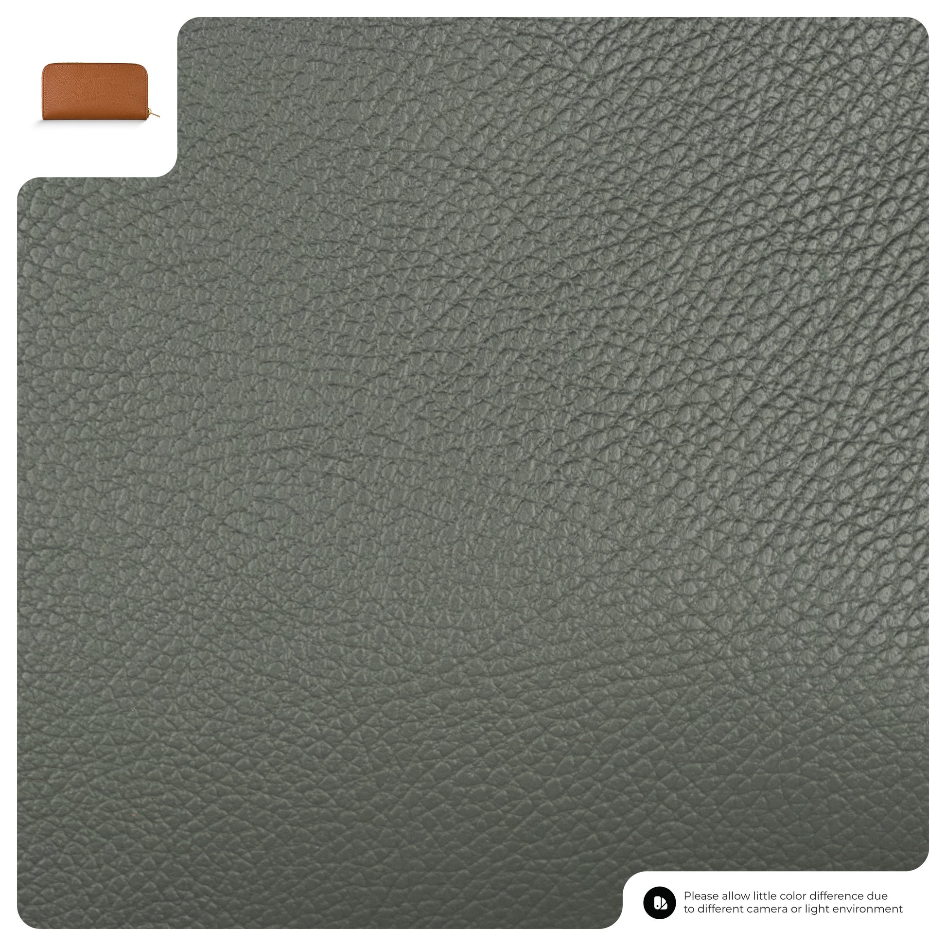 Close-up of textured gray leather material, perfect for a women's wallet, with a small inset image of a brown Italian leather wallet in the top left corner; note at the bottom explains possible color differences from camera or lighting.
