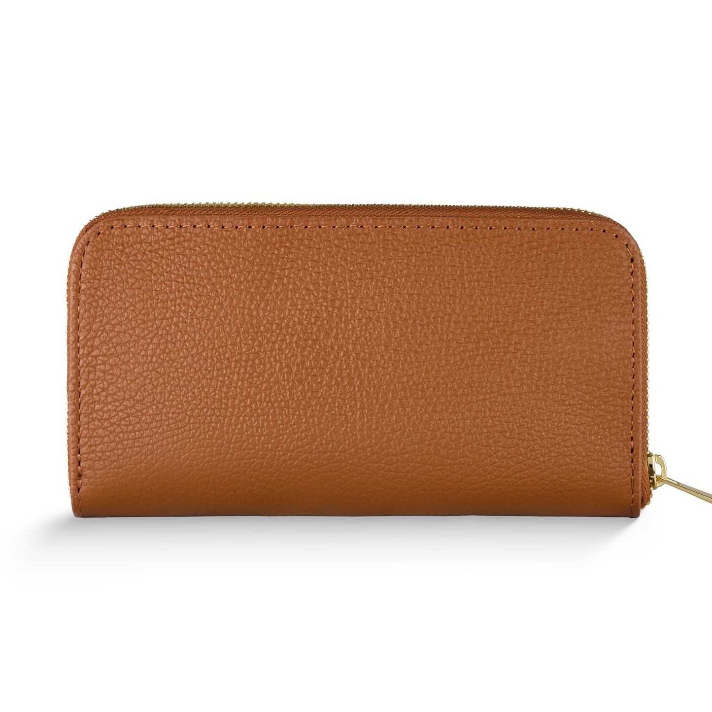 A brown pebbled grain wallet crafted from Italian leather, this women's wallet features a gold-colored zipper and pull. Displayed closed against a white background, its refined texture and elegant finish make it both stylish and practical.