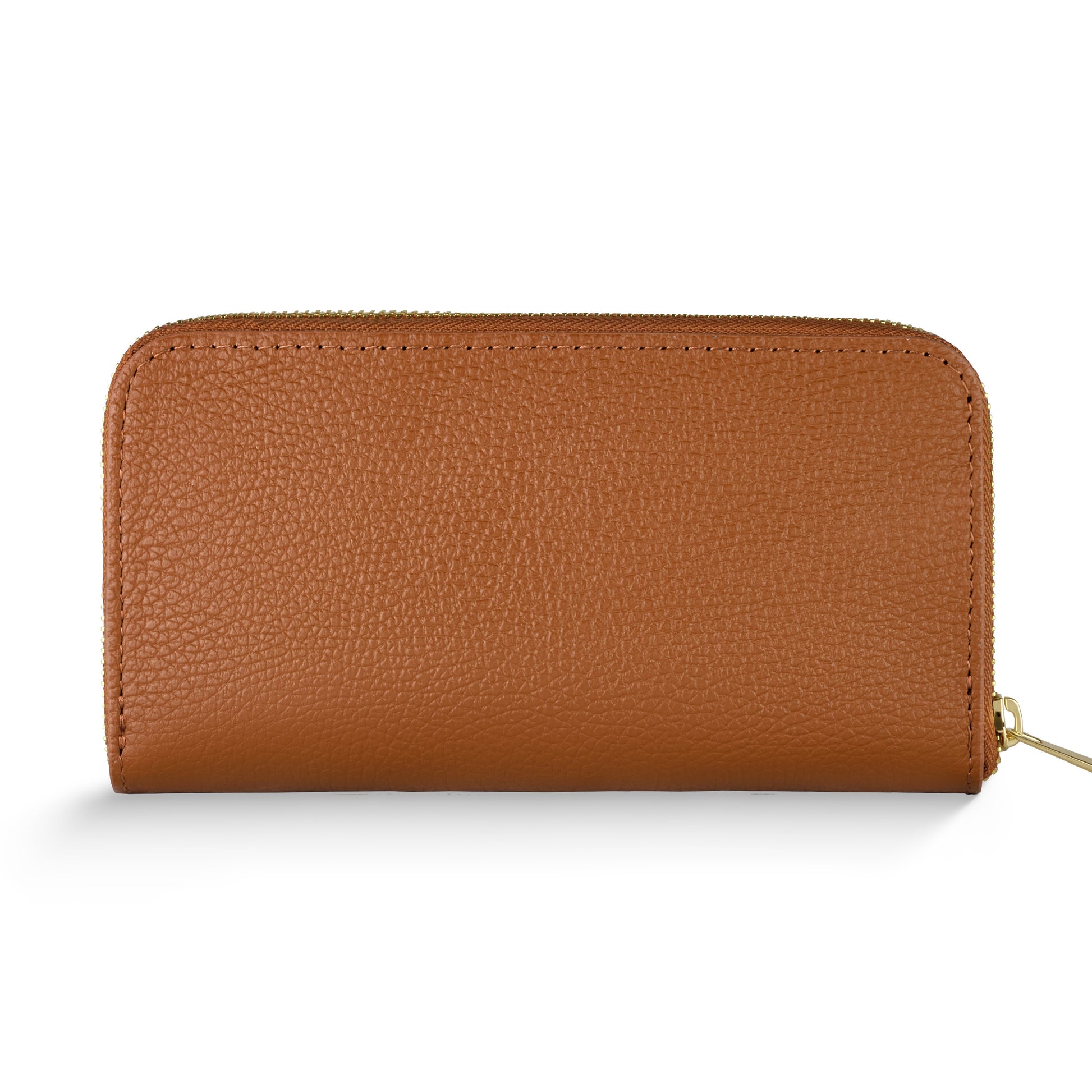 A brown pebbled grain wallet crafted from Italian leather, this women's wallet features a gold-colored zipper and pull. Displayed closed against a white background, its refined texture and elegant finish make it both stylish and practical.