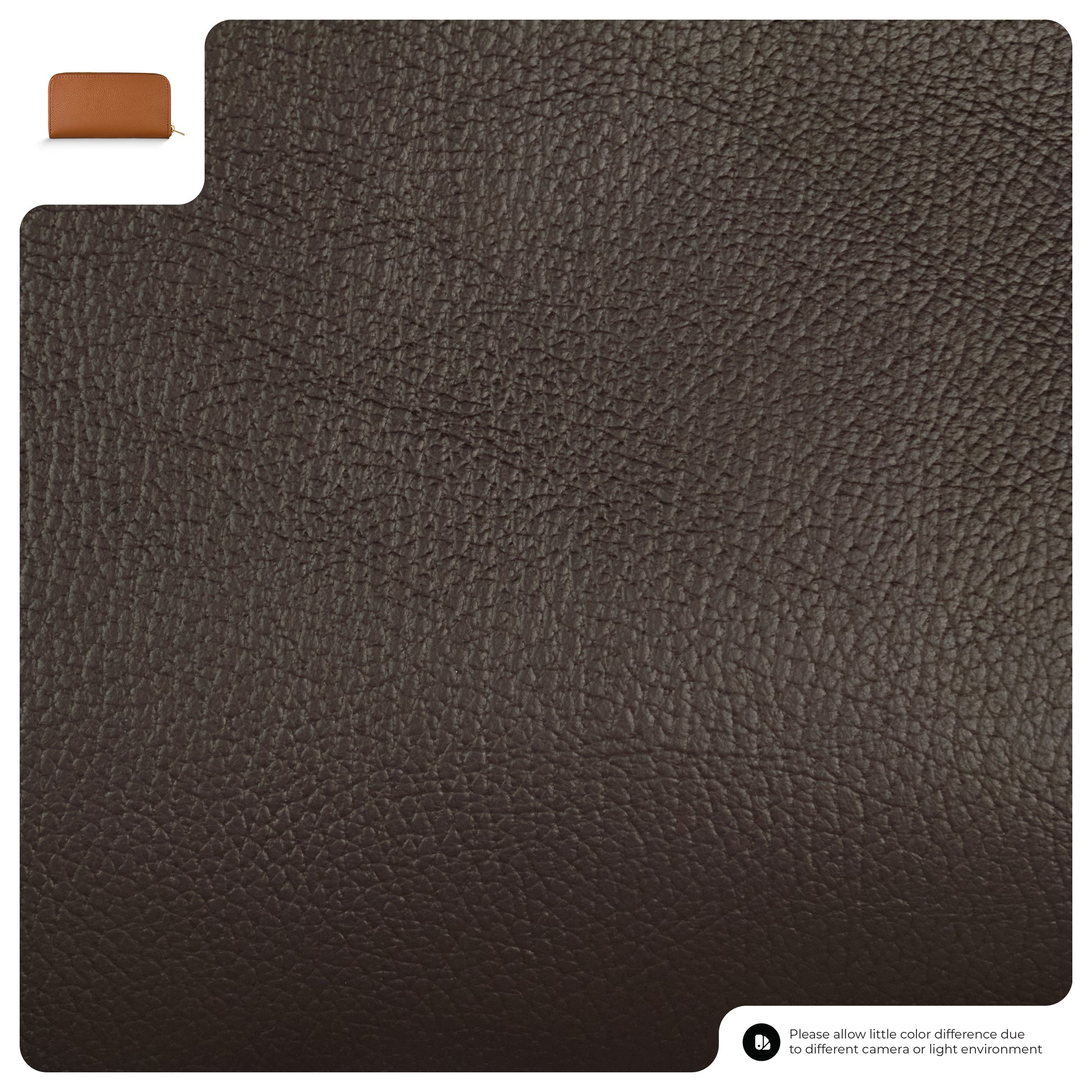 Close-up of dark brown, pebbled grain leather with a small inset image of a women's wallet in the top left corner. A note below mentions that color may vary due to lighting or camera differences.
