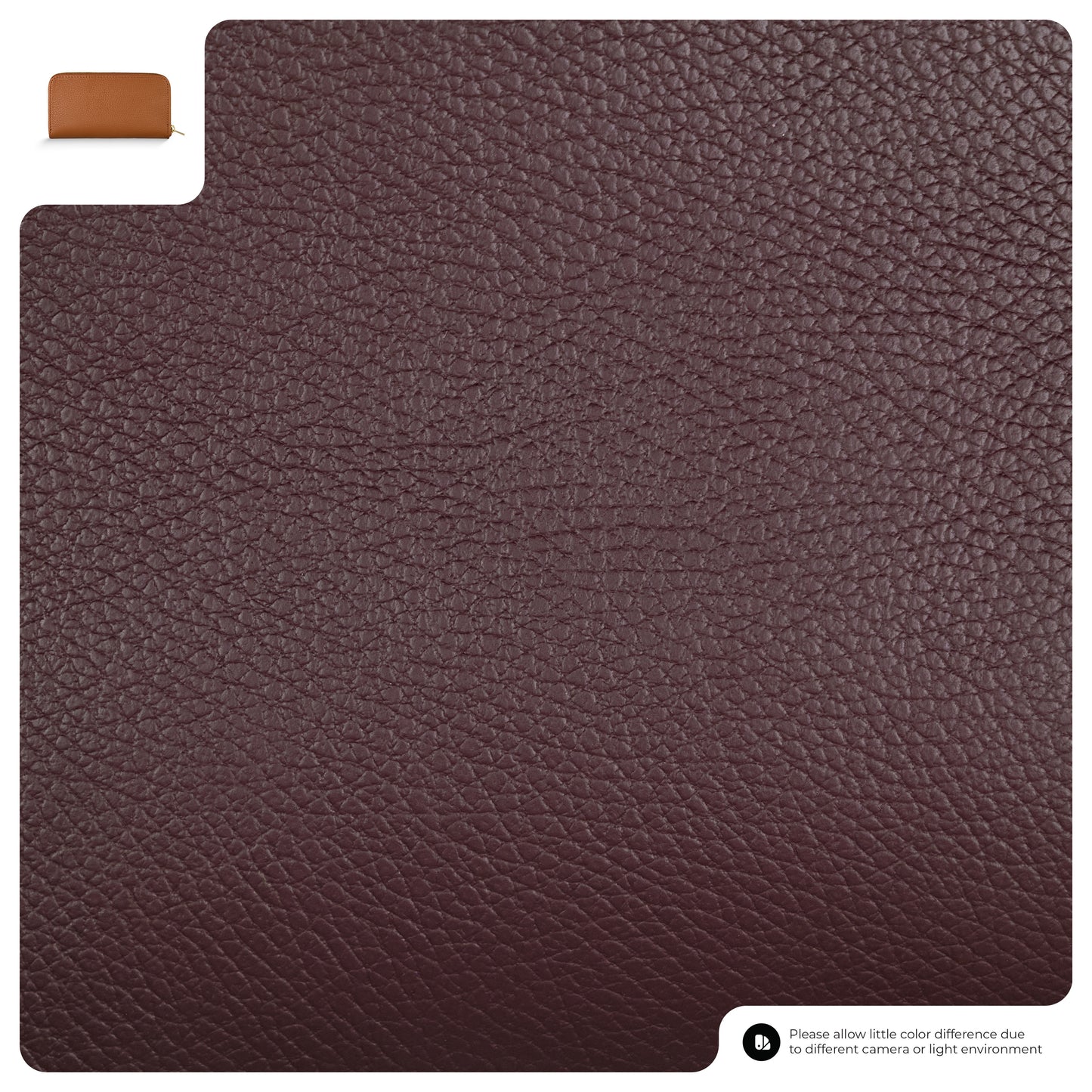 Close-up of textured brown pebbled grain wallet material with a small inset showing a light brown women's wallet. Text at the bottom notes possible color differences due to lighting and camera variations.
