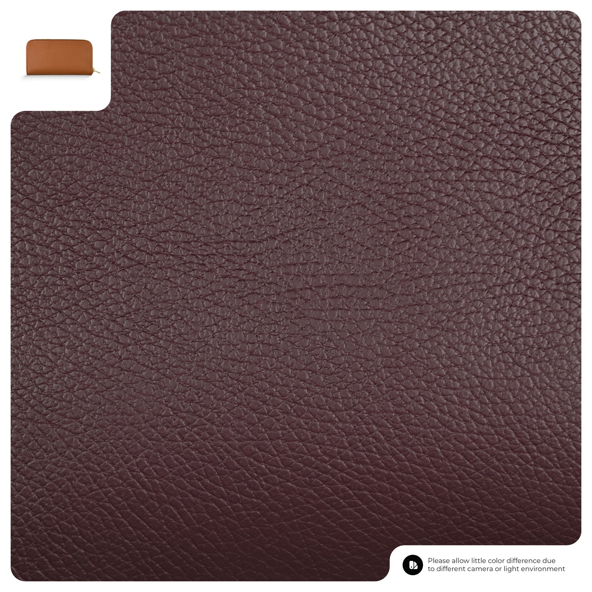 Close-up of textured brown pebbled grain wallet material with a small inset showing a light brown women's wallet. Text at the bottom notes possible color differences due to lighting and camera variations.