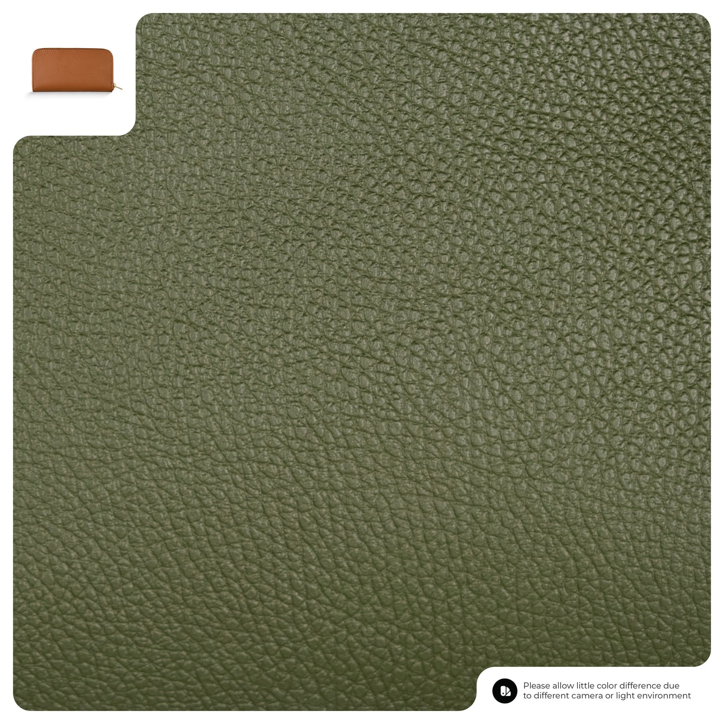 Close-up of olive green textured leather material. In the top left corner, a small brown pebbled grain wallet is visible. In the bottom right, small text advises that color may vary due to lighting or camera differences.