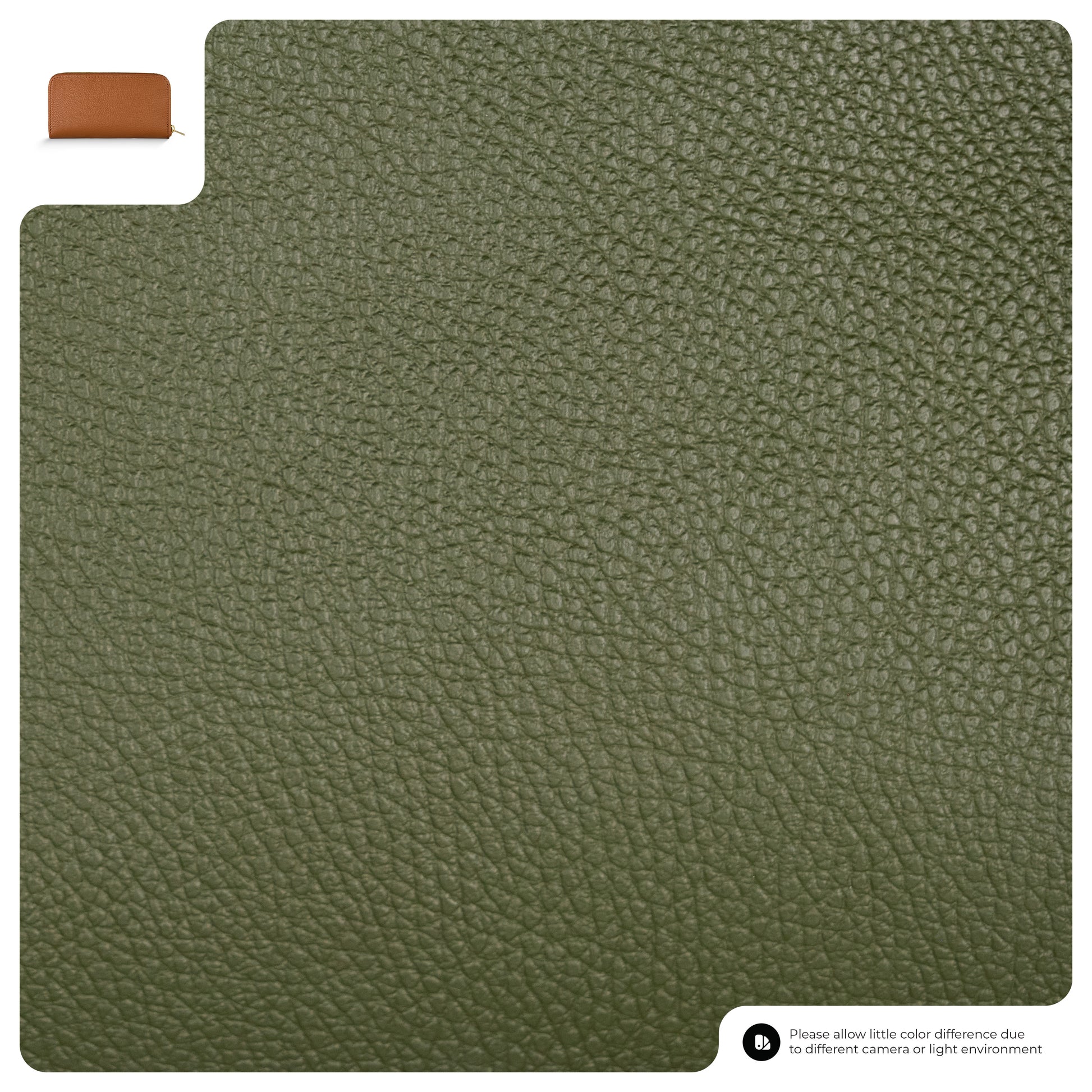 Close-up of olive green textured leather material. In the top left corner, a small brown pebbled grain wallet is visible. In the bottom right, small text advises that color may vary due to lighting or camera differences.