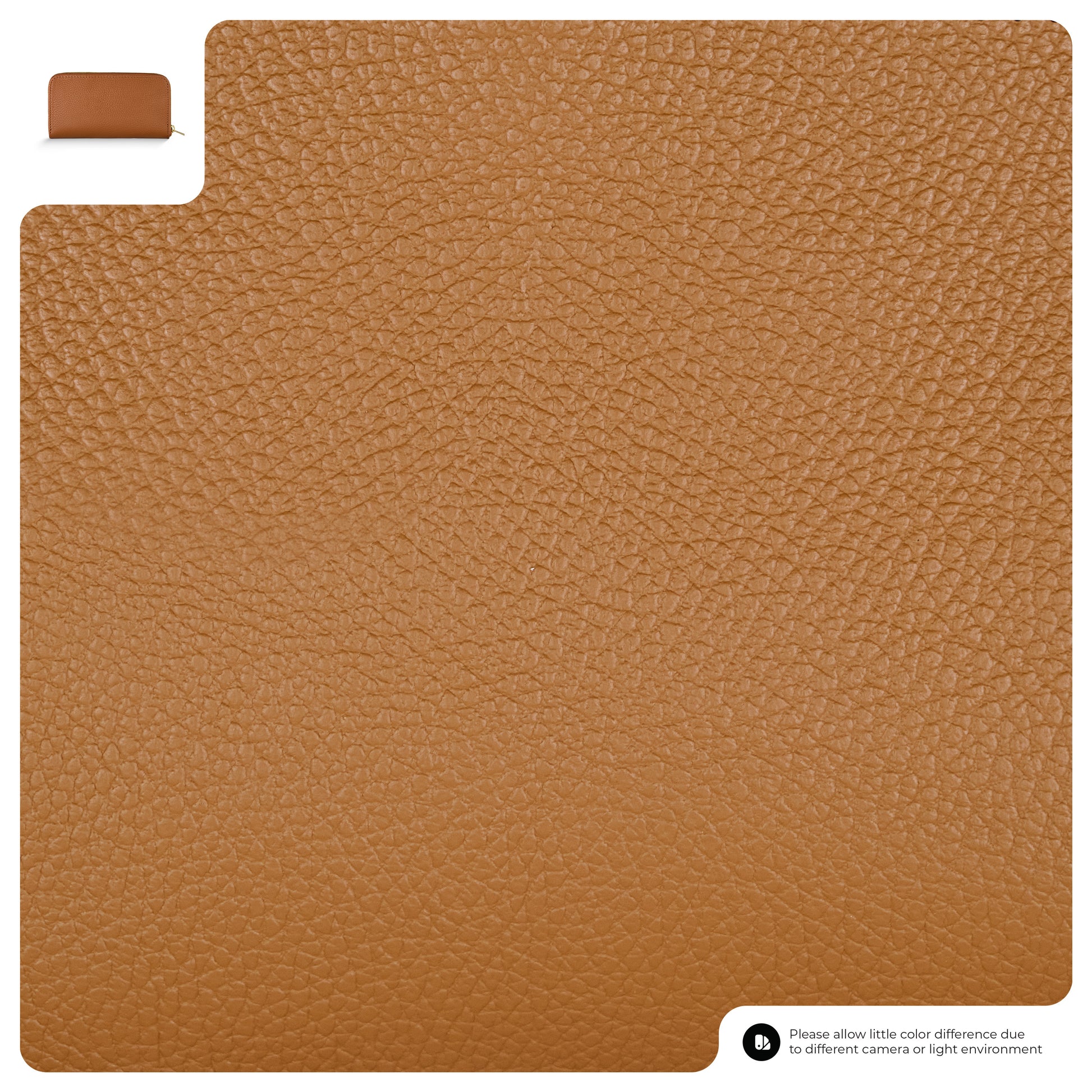 A close-up of textured brown leather with a small inset image of an Italian leather wallet, possibly a women’s wallet, in the top left corner. A note about color differences is visible in the bottom right.