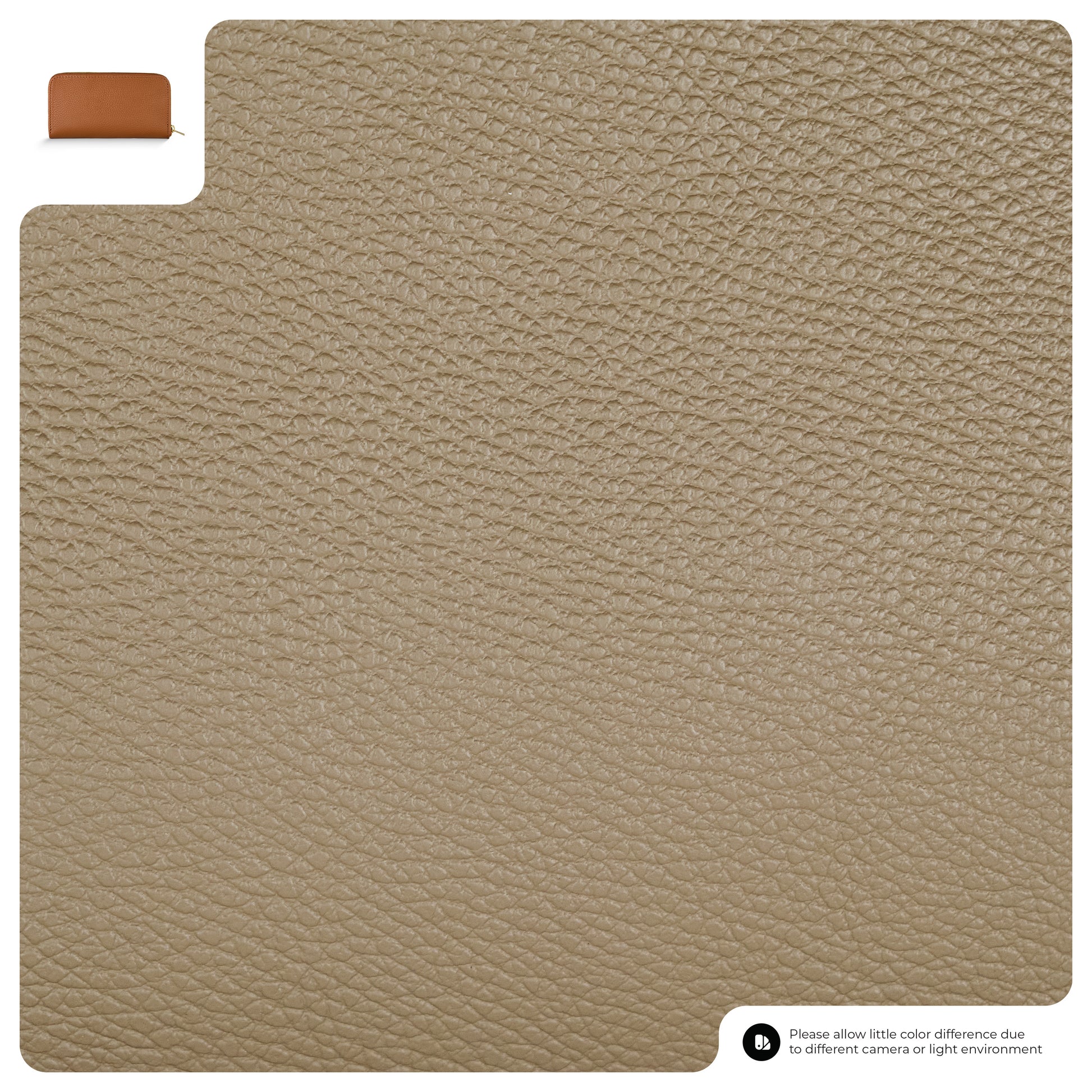 Close-up view of textured beige pebbled grain wallet material, with a small brown women's wallet image in the top left corner. Text at the bottom right notes possible slight color differences due to lighting or camera.
