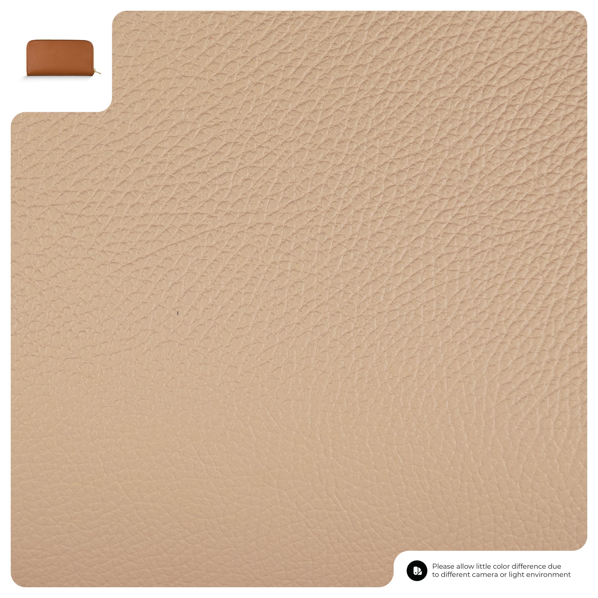 A large close-up of beige pebbled grain leather material, with a small inset image of a brown Italian leather wallet in the top left corner. A note at the bottom right mentions possible color differences due to lighting.
