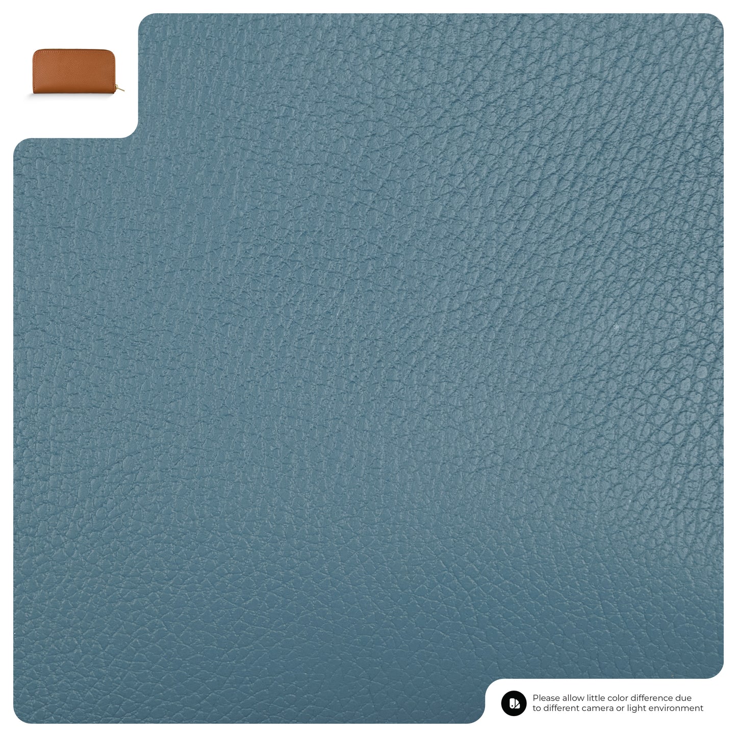 Blue textured leather swatch with a small inset image showing a brown pebbled grain wallet. A note at the bottom mentions possible color differences due to camera or lighting conditions.