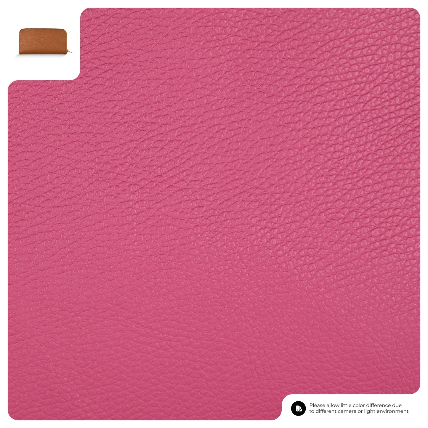Close-up of textured pink leather with detailed pebbled grain. In the top left corner, a small image of a brown Italian leather wallet is shown. A disclaimer about color differences appears in the bottom right corner.