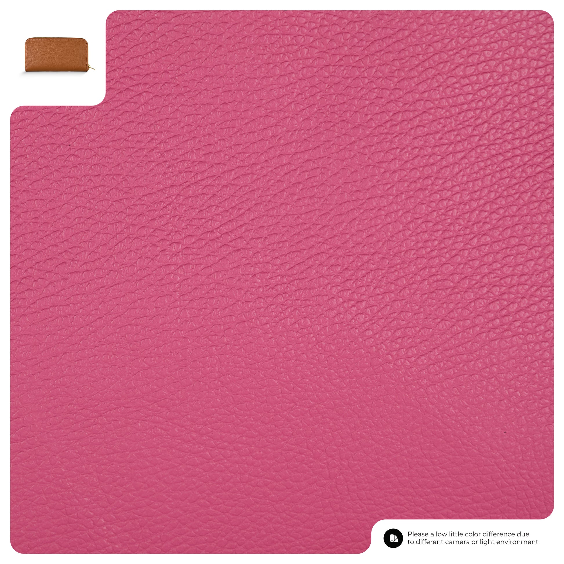 Close-up of textured pink leather with detailed pebbled grain. In the top left corner, a small image of a brown Italian leather wallet is shown. A disclaimer about color differences appears in the bottom right corner.