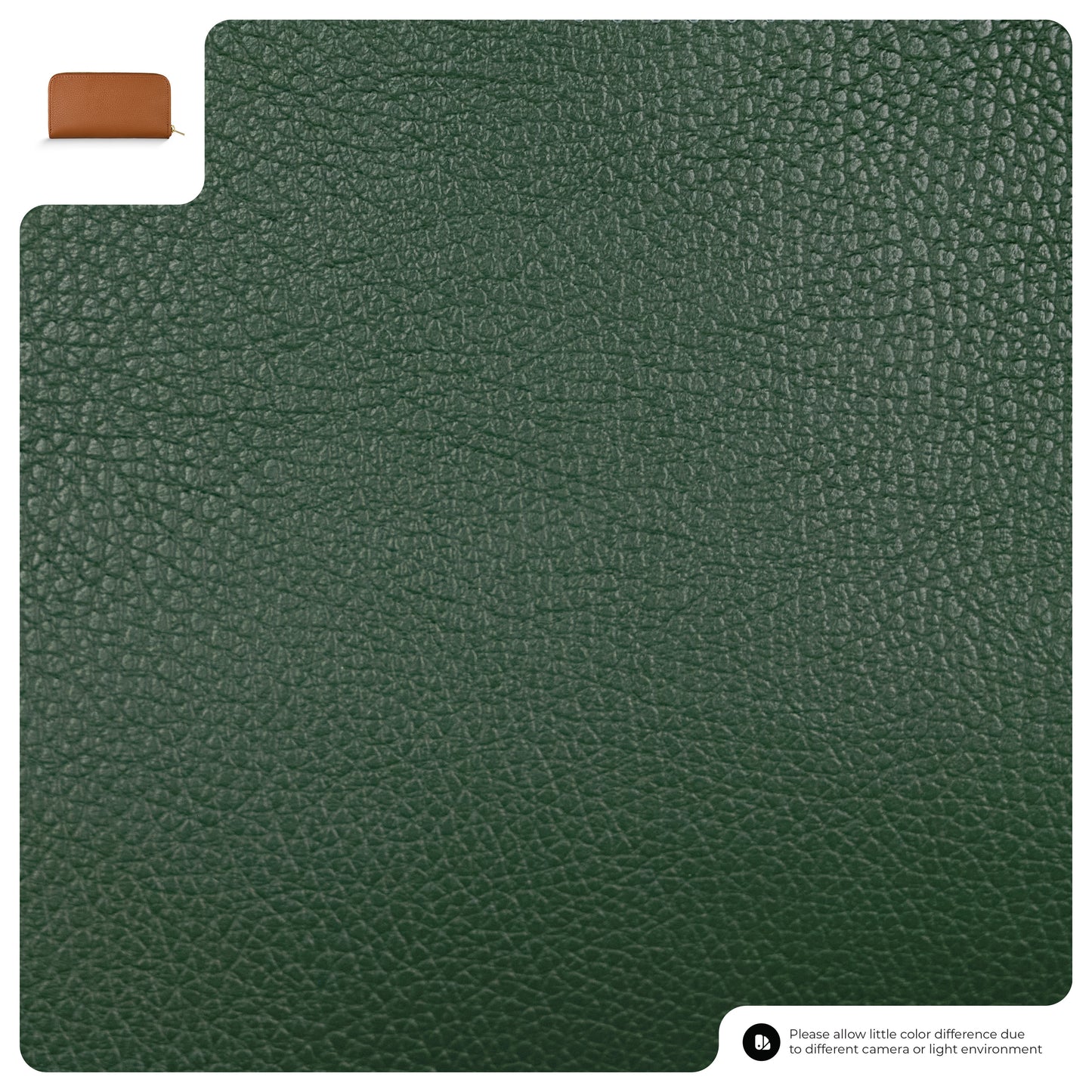 Close-up of textured dark green Italian leather wallet material sample with a small inset image of a brown wallet in the top left corner. A note at the bottom mentions possible color differences due to lighting or cameras.