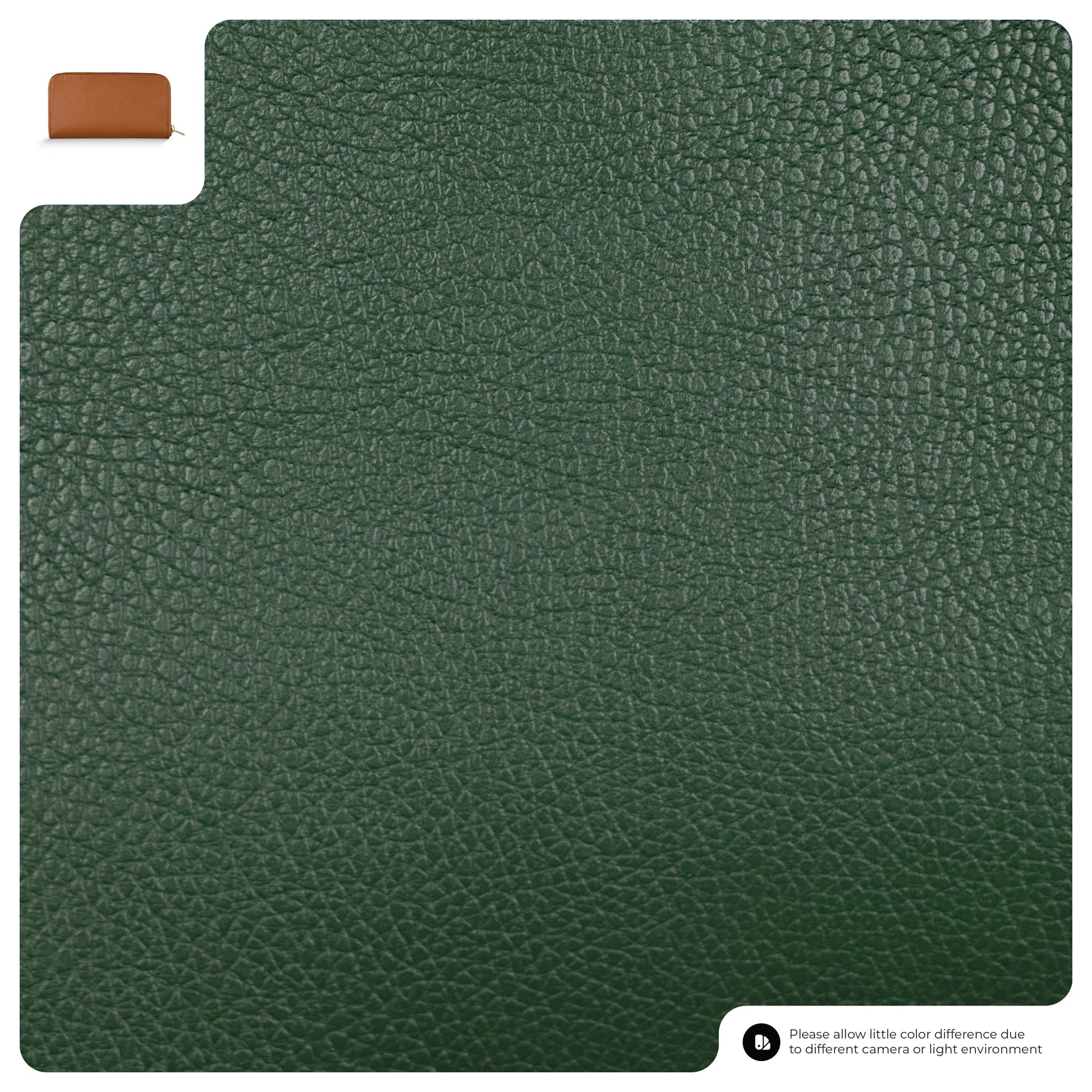 Close-up of textured dark green Italian leather wallet material sample with a small inset image of a brown wallet in the top left corner. A note at the bottom mentions possible color differences due to lighting or cameras.