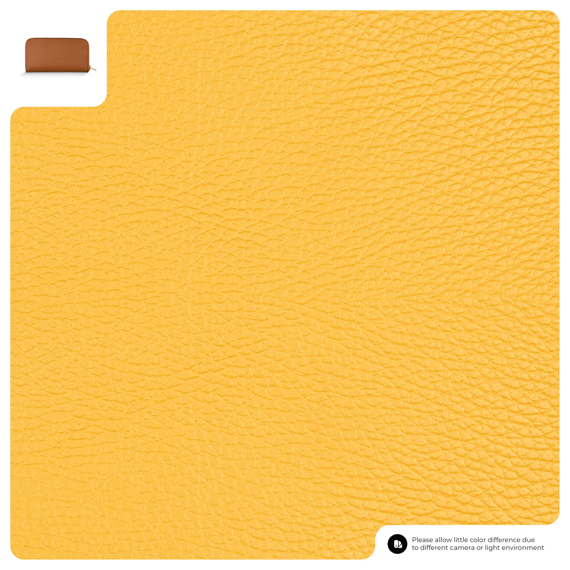 A large sample of yellow textured leather with a small inset image of a brown pebbled grain wallet in the top left corner; a note at the bottom right mentions possible color differences due to lighting or camera.