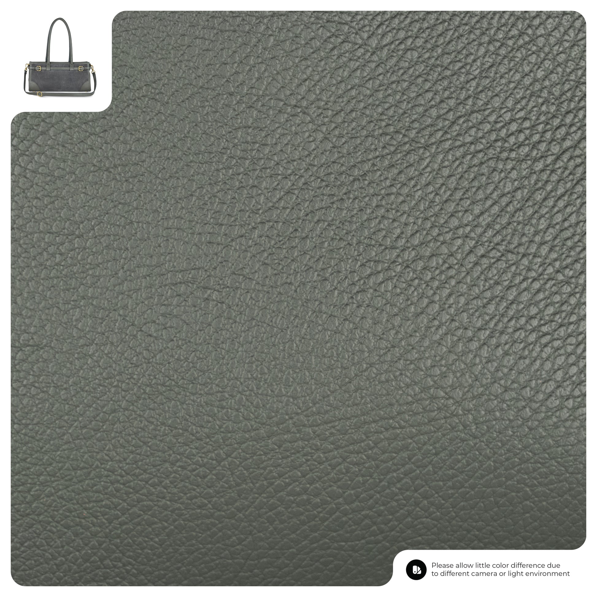 Textured dark green leather swatch with a small handbag image in the corner.