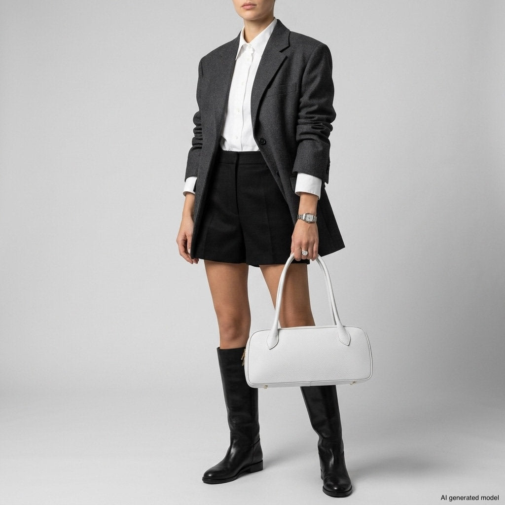A person wearing a dark blazer, white shirt, black shorts, and knee-high black boots holds an artisan-made bag crafted from Italian calf leather. The background is plain gray.