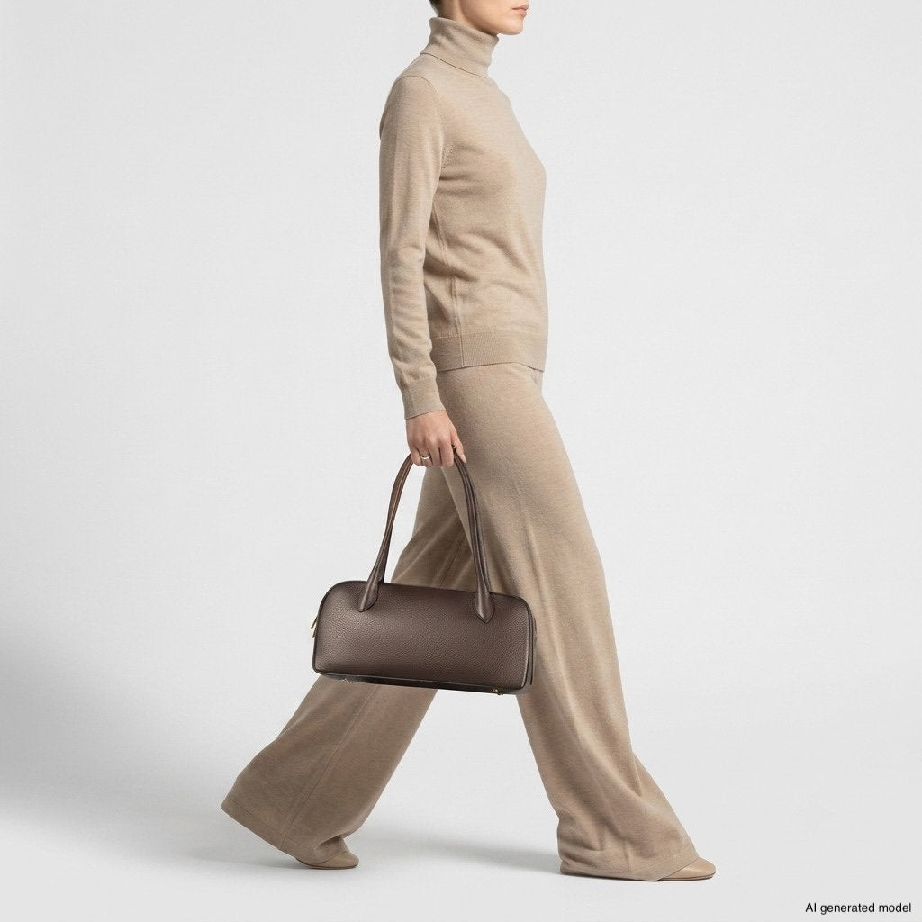A person wearing a beige turtleneck sweater and matching wide-leg pants walks, holding an artisan-made Italian calf leather handbag in dark brown. The background is plain white.