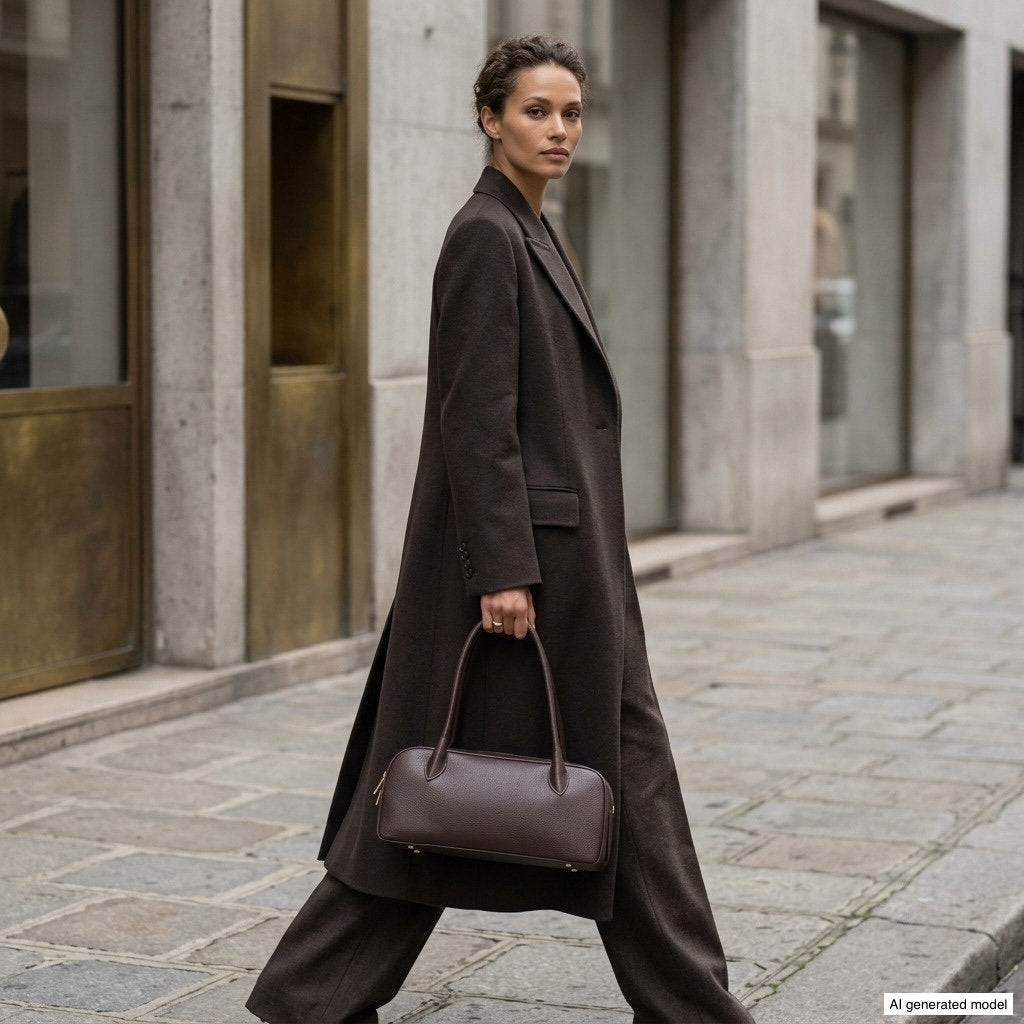 A woman in a dark brown long coat and wide-leg pants walks on a city sidewalk, holding an artisan-made Italian calf leather handbag. The background features stone buildings and large gold-framed windows.