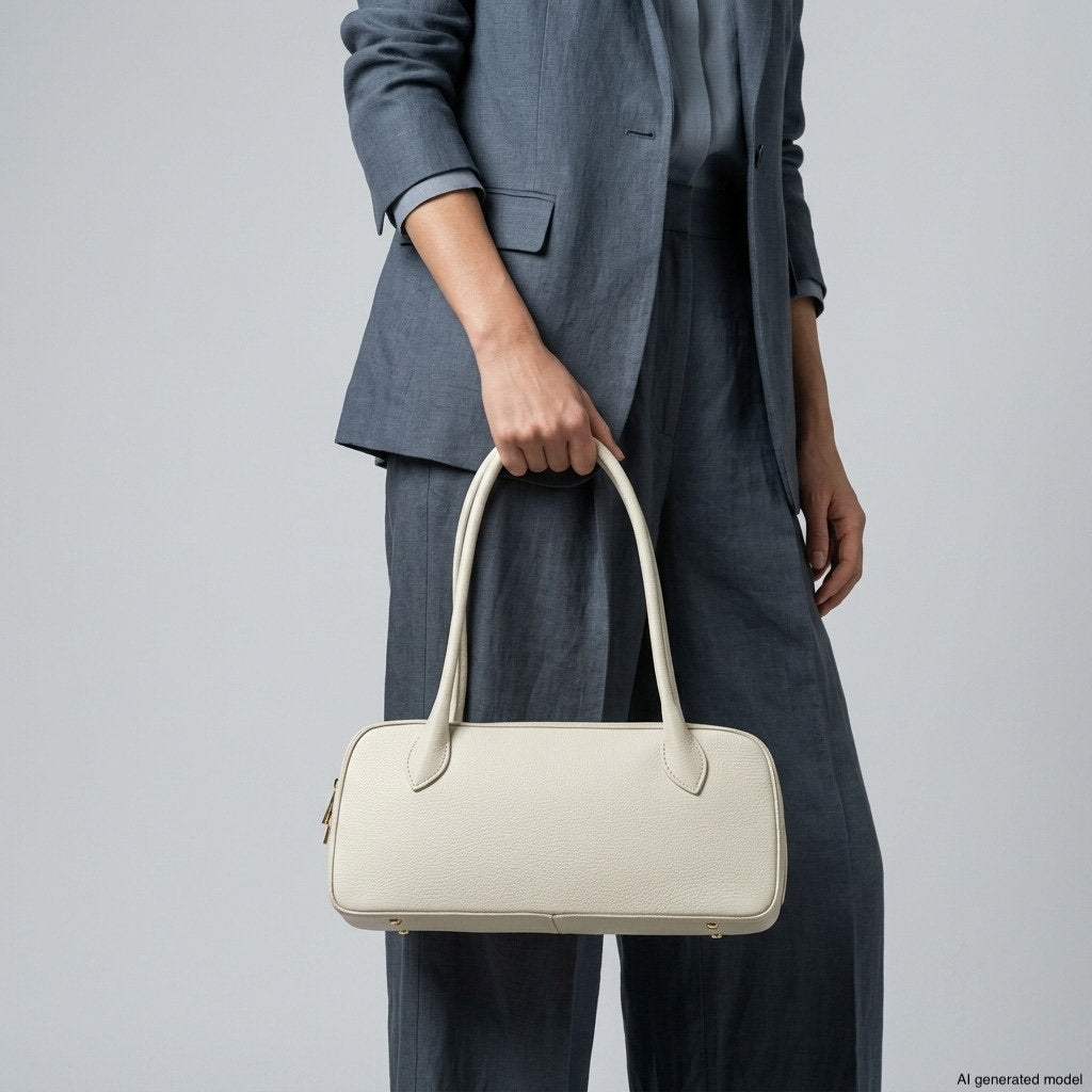 A person wearing a gray suit holds an artisan-made, off-white Italian calf leather handbag with two handles by their side against a plain light background.