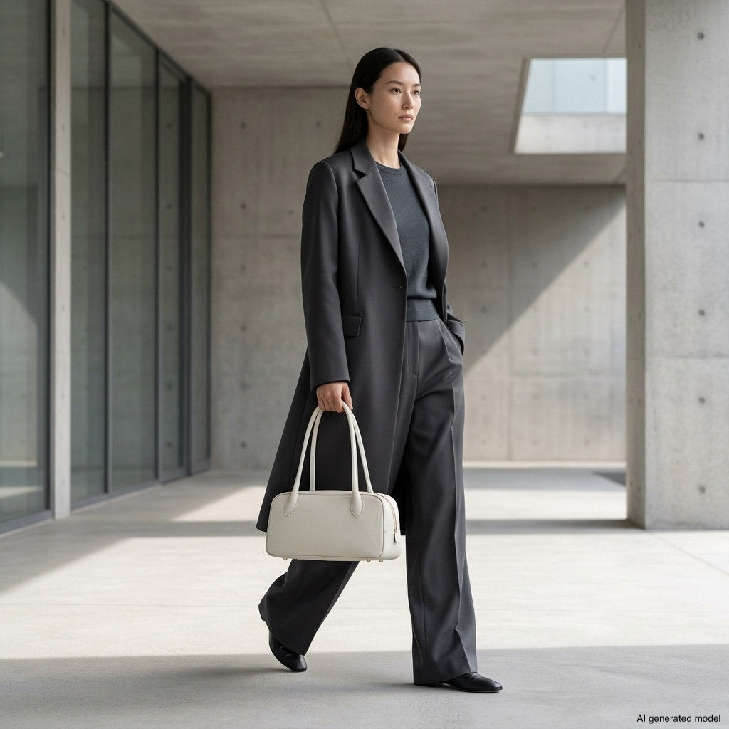 A woman in a dark suit and long coat walks in a modern, concrete hallway, carrying a refined Italian leather handbag. The setting is minimalist with clean lines and large windows.