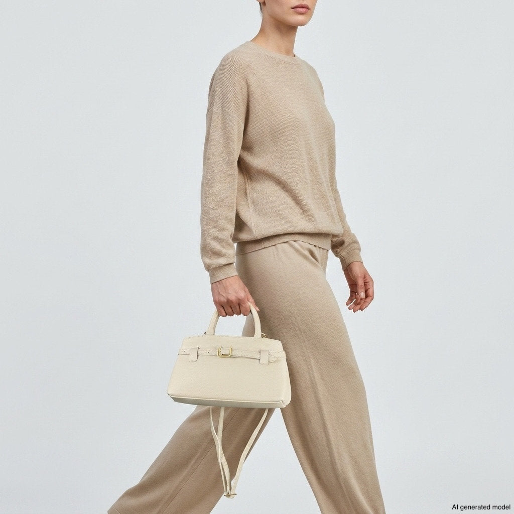 A person wearing a beige sweater and matching pants walks holding a minimalist structured purse in light beige. The outfit and background are neutral, and the person’s face is partially out of frame.