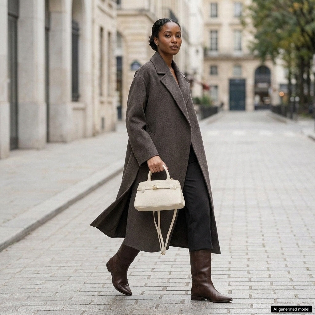 A woman wearing a long brown coat, dark pants, and brown boots walks on a city street while carrying a minimalist structured purse in light beige. The background shows classic buildings and trees.