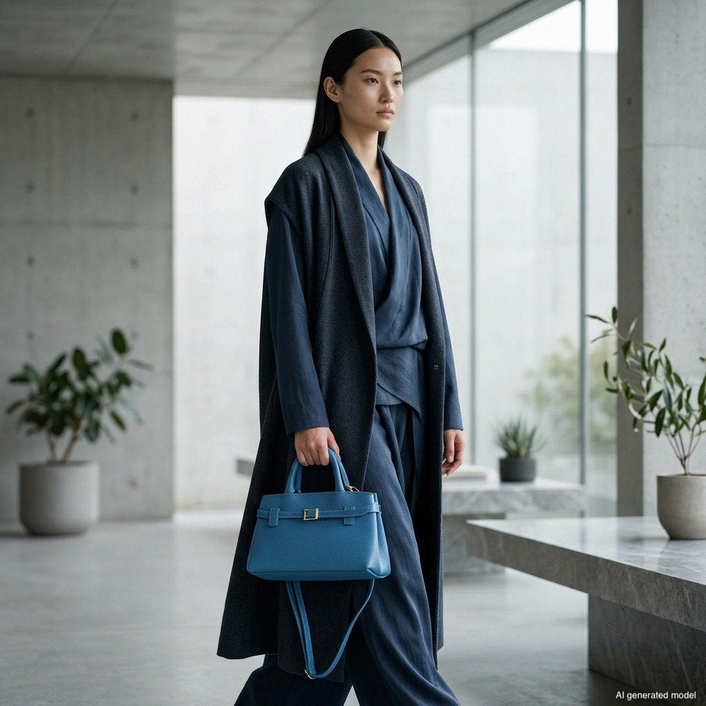 A woman in a dark blue suit and long coat walks indoors, carrying a minimalist structured purse in blue. The modern space has large windows, concrete walls, and potted plants.