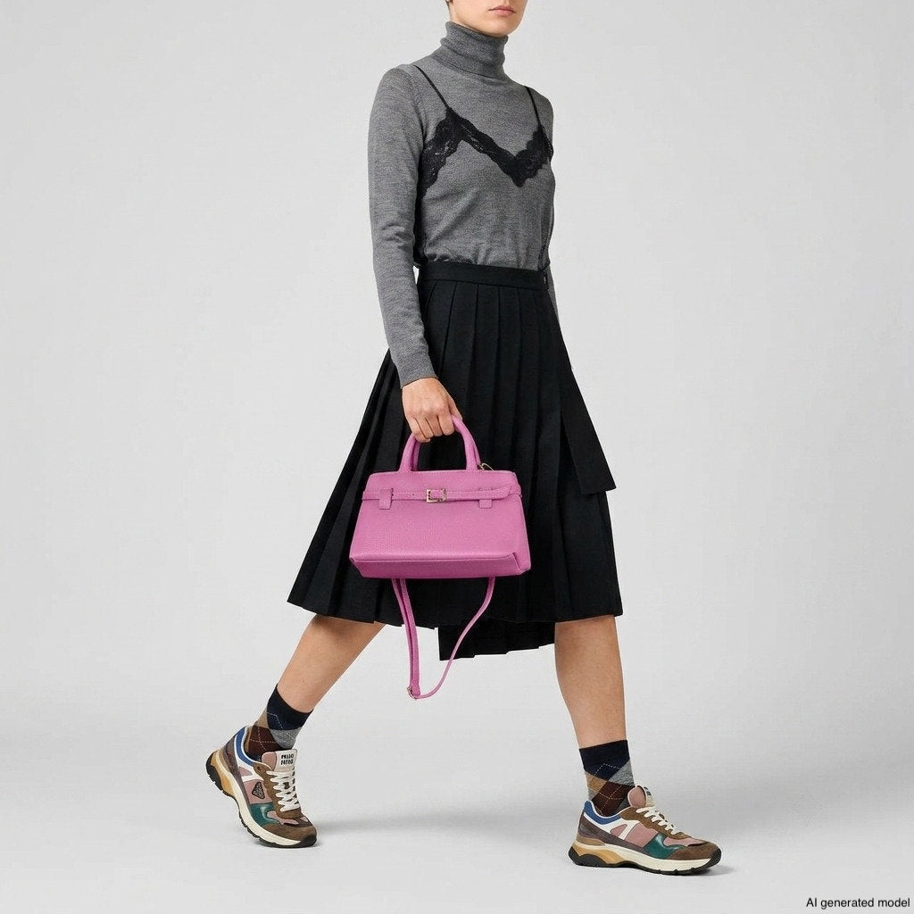 A person wearing a gray turtleneck, black skirt, colorful sneakers, and argyle socks holds a minimalist structured purse. The background is plain and light-colored.