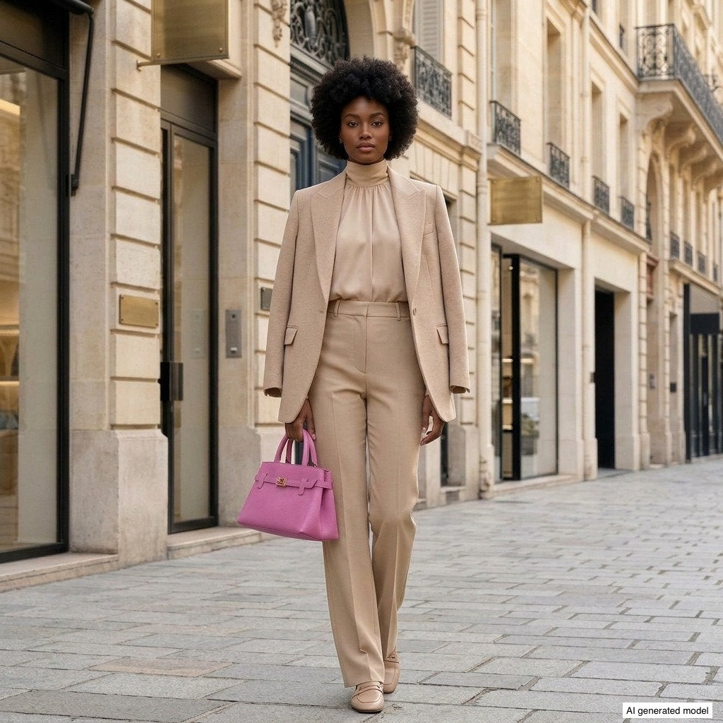 A woman in a beige suit and blouse walks on a city sidewalk, carrying a bright pink minimalist structured purse. The background features elegant, classic architecture.