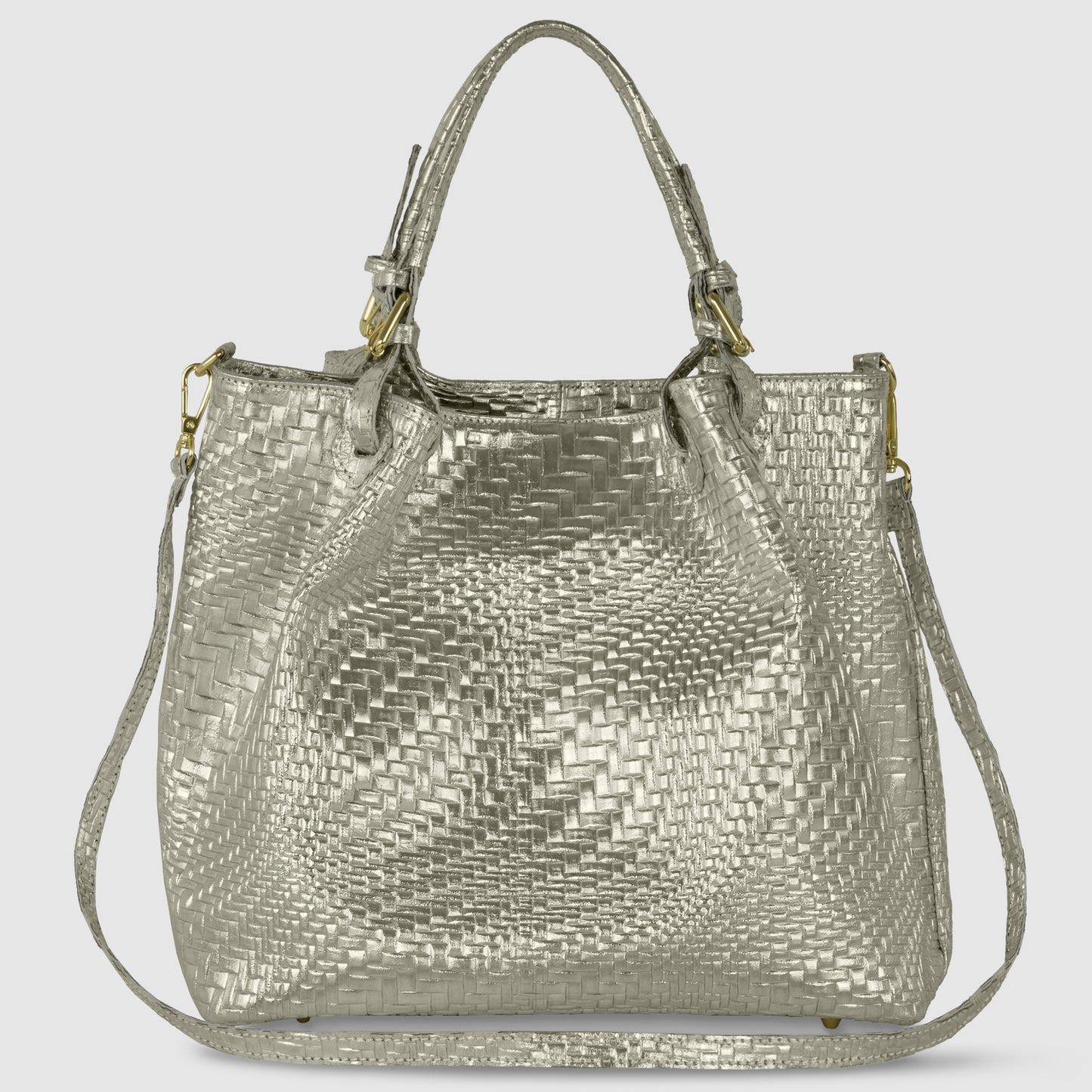 Grid Metallic Platinum woven leather handbag with two short handles, a detachable shoulder strap, and gold-tone hardware—this women's designer handbag is displayed against a plain light background.