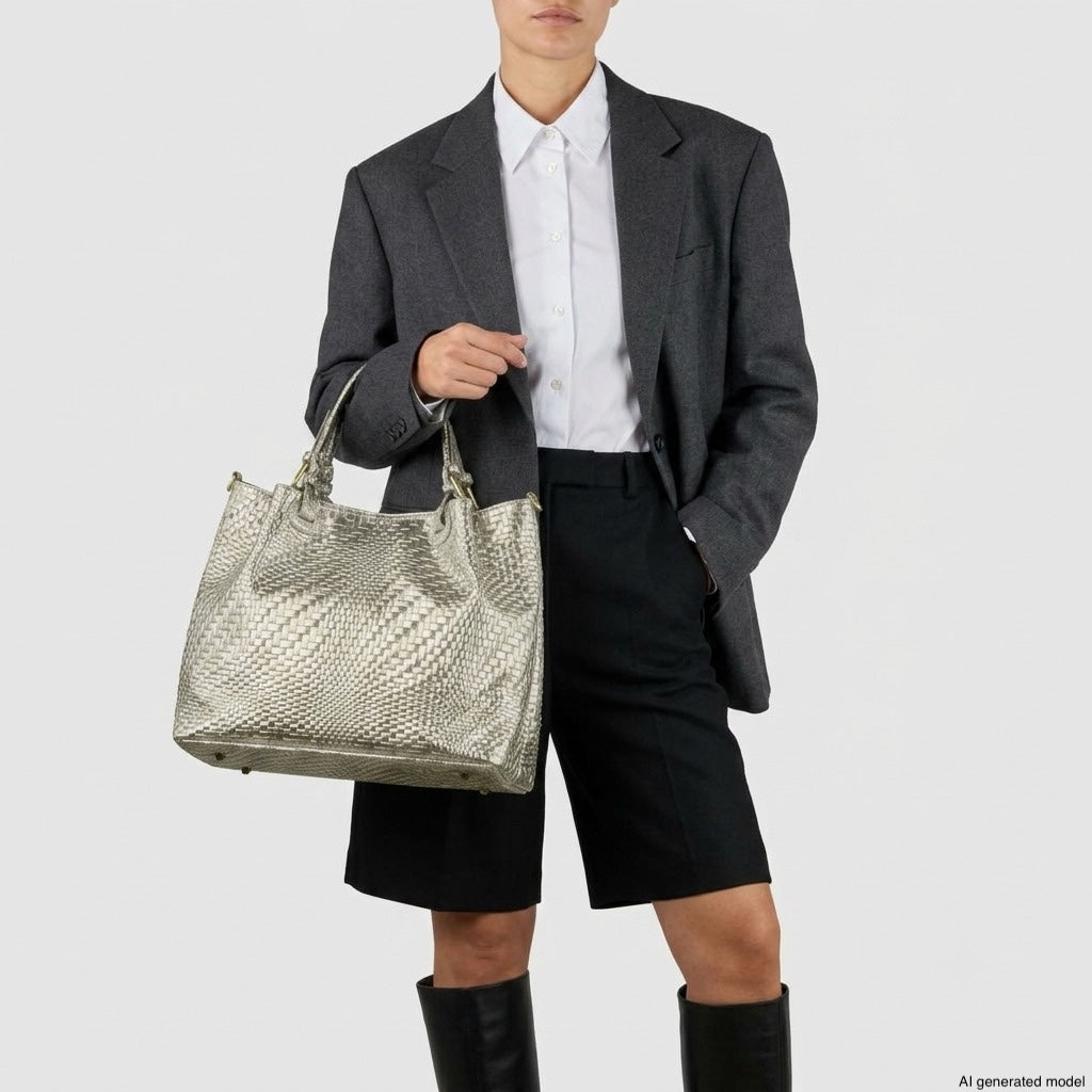 Person wearing a gray blazer, white shirt, black knee-length shorts, and boots, holding a large Italian suede handbag with a striking metallic texture. The background is plain and light-colored.