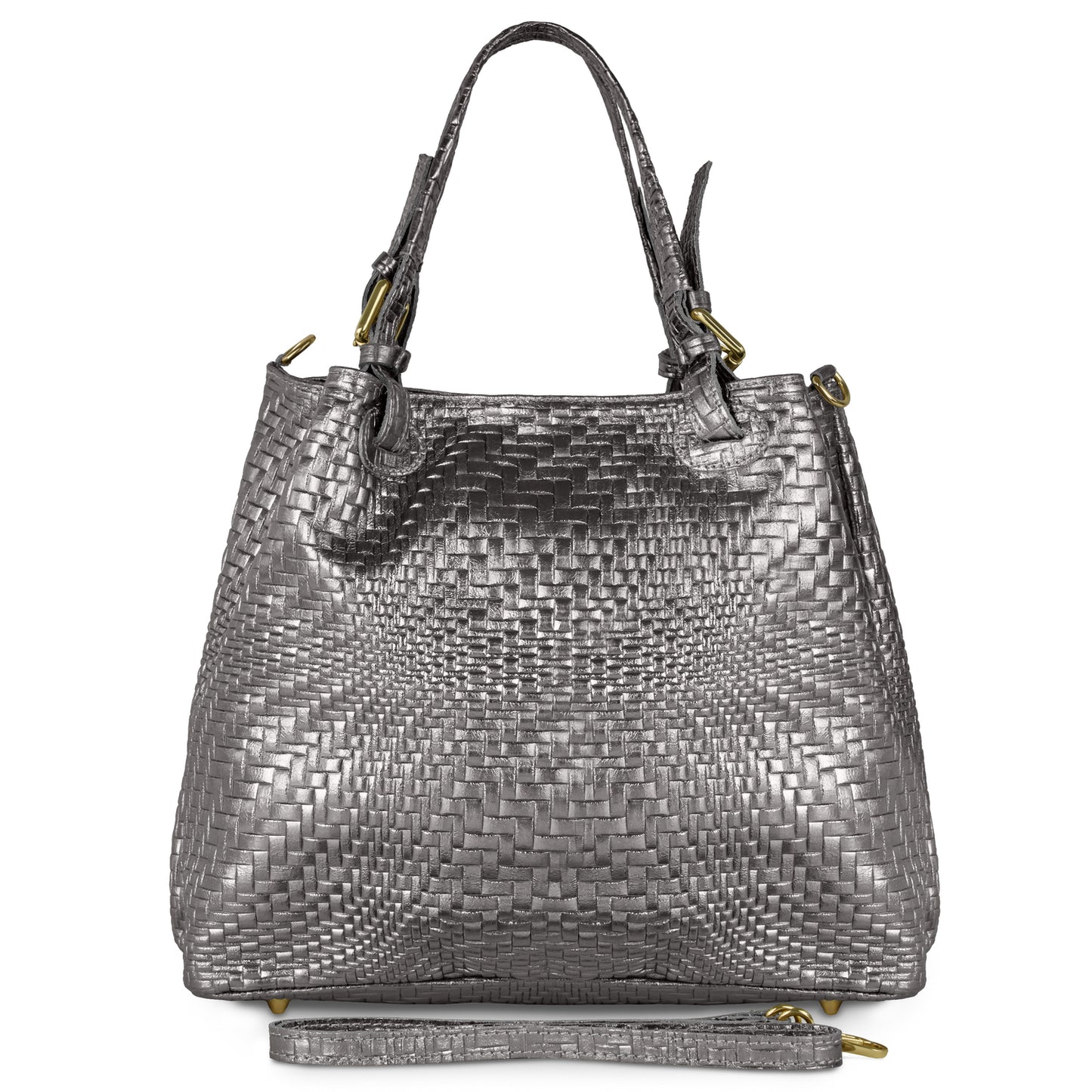 A designer women's handbag in Grid Metallic Anthracite, featuring a woven texture, two handles, gold hardware, and a detachable shoulder strap, displayed upright against a white background.