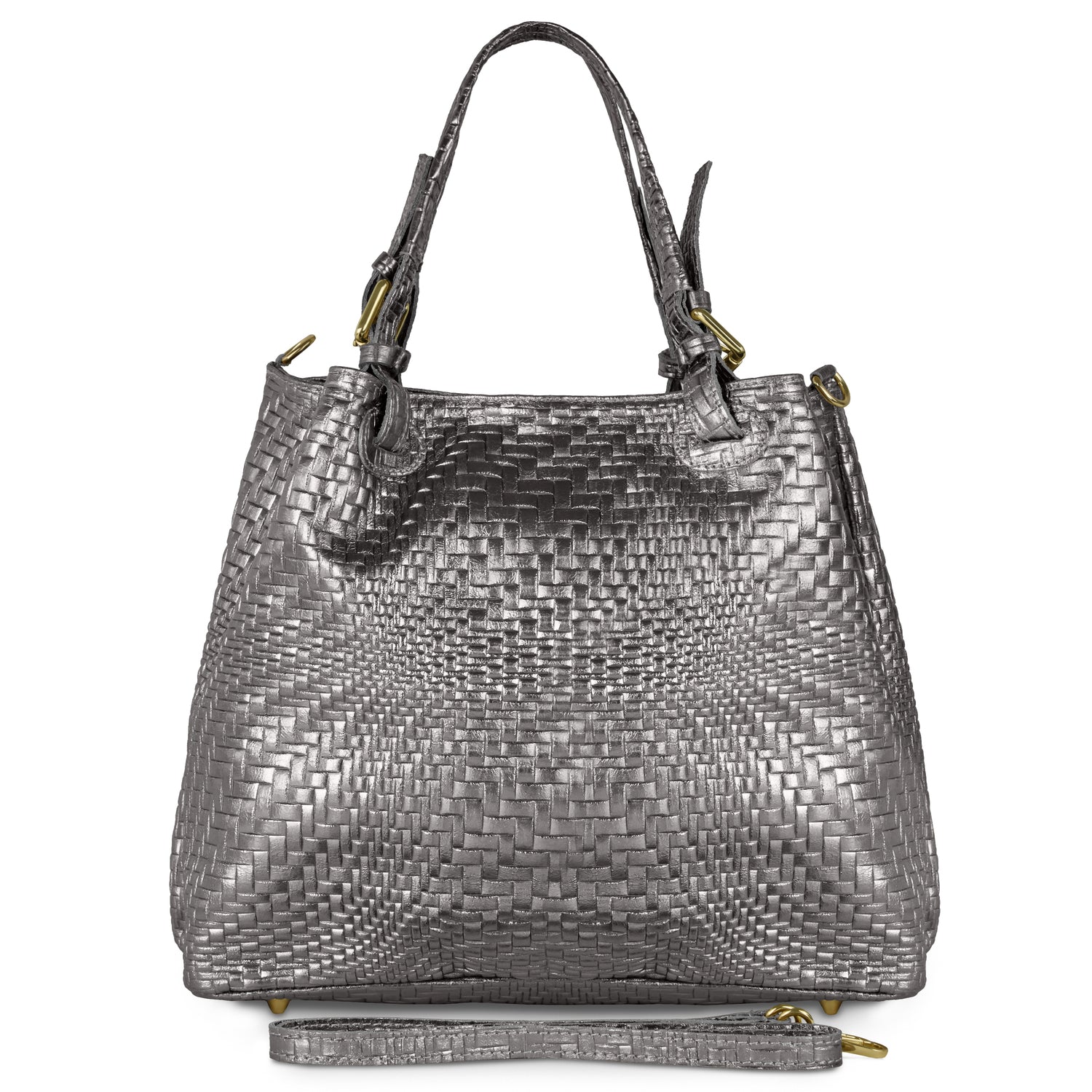 A designer women's handbag in Grid Metallic Anthracite, featuring a woven texture, two handles, gold hardware, and a detachable shoulder strap, displayed upright against a white background.