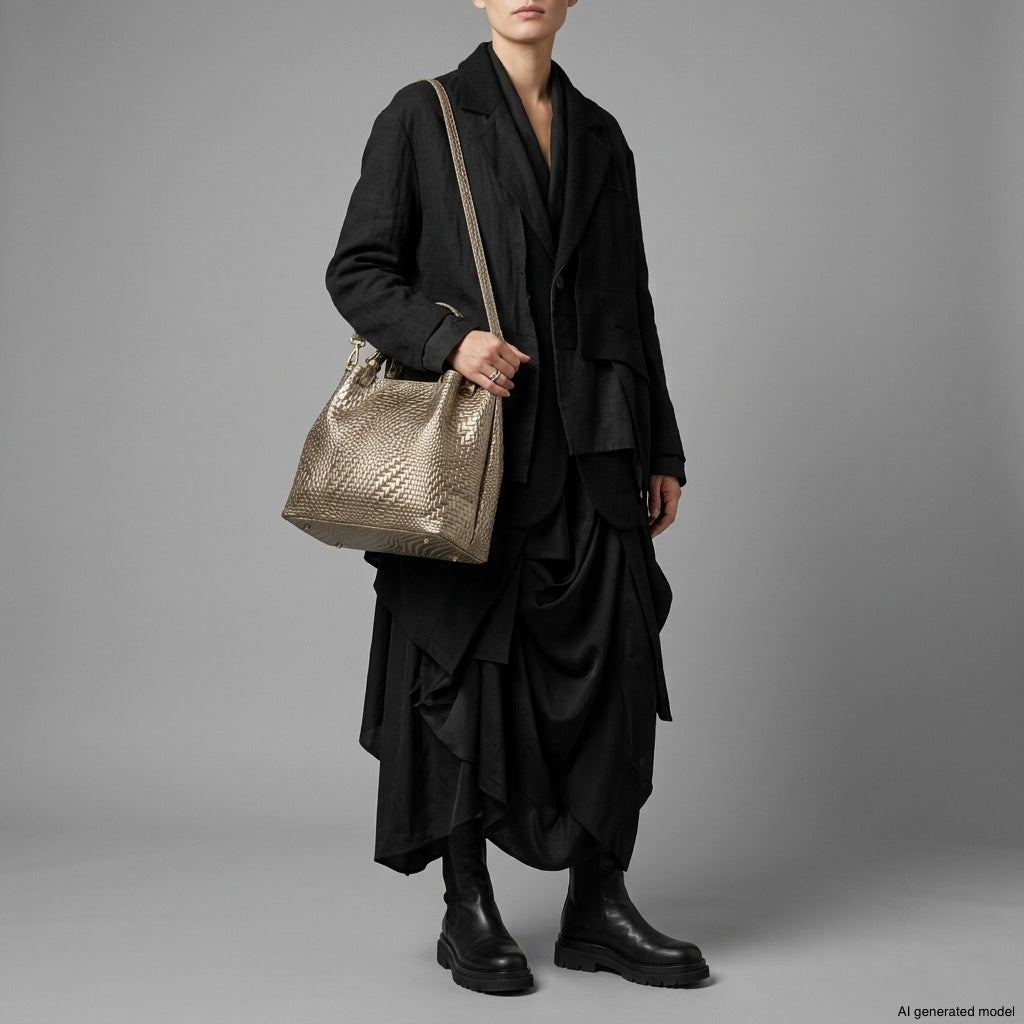 Person wearing a layered black outfit and black boots, holding a large metallic suede handbag made in Italy against a plain gray background. The person’s face is not visible.