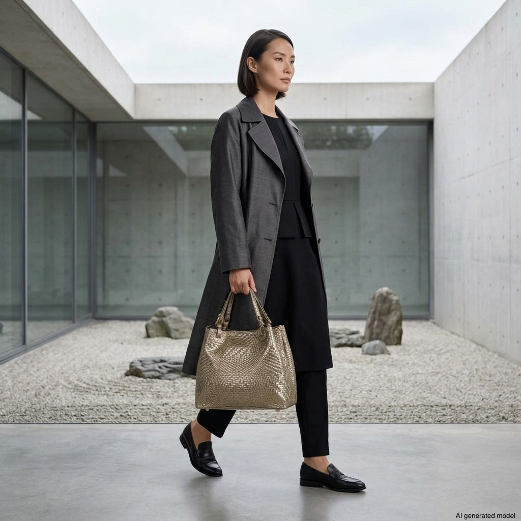 A woman in a gray coat and black pants carries a textured made in Italy handbag while walking outside a modern concrete building with a rock garden.