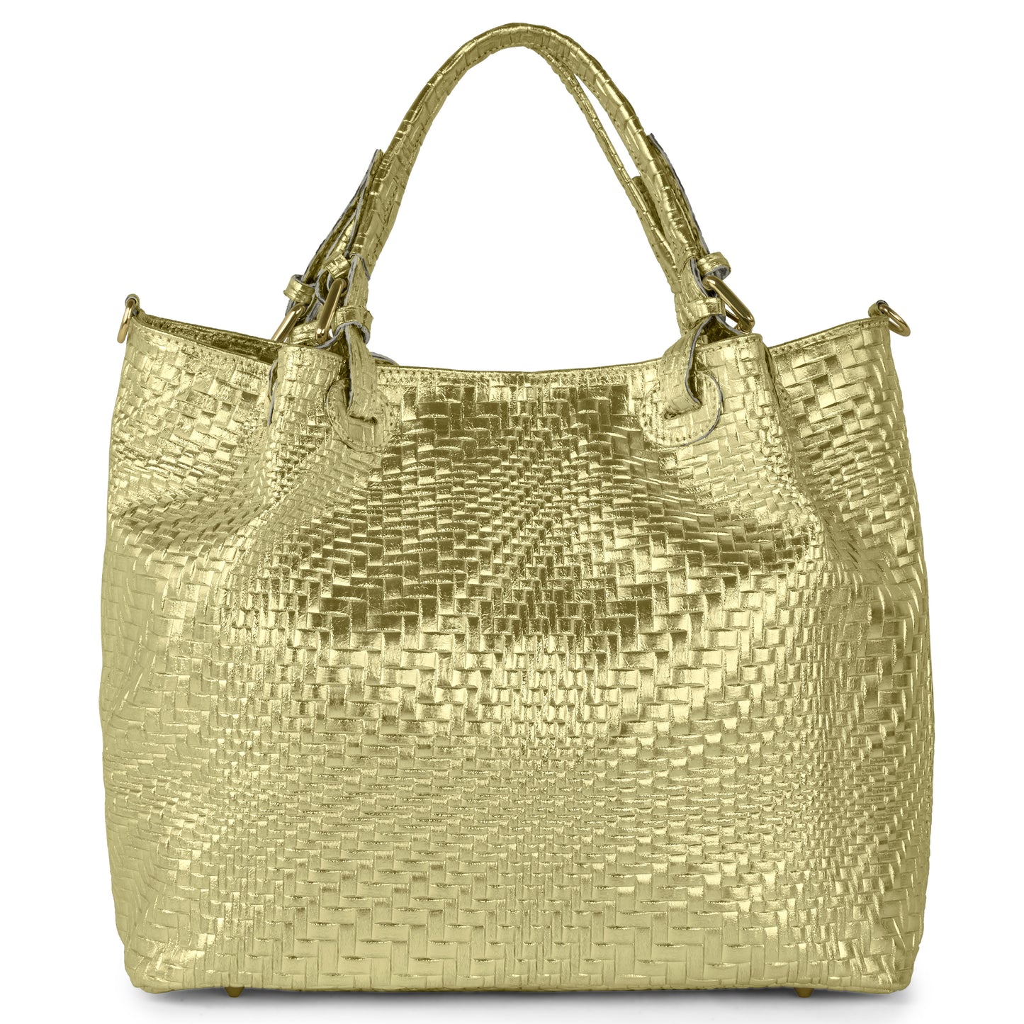 Grid Metallic Gold woven leather handbag with double handles and a stunning metallic finish, this women's designer handbag is displayed on a white background.