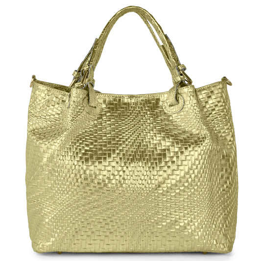 Grid Metallic Gold woven leather handbag with double handles and a stunning metallic finish, this women's designer handbag is displayed on a white background.