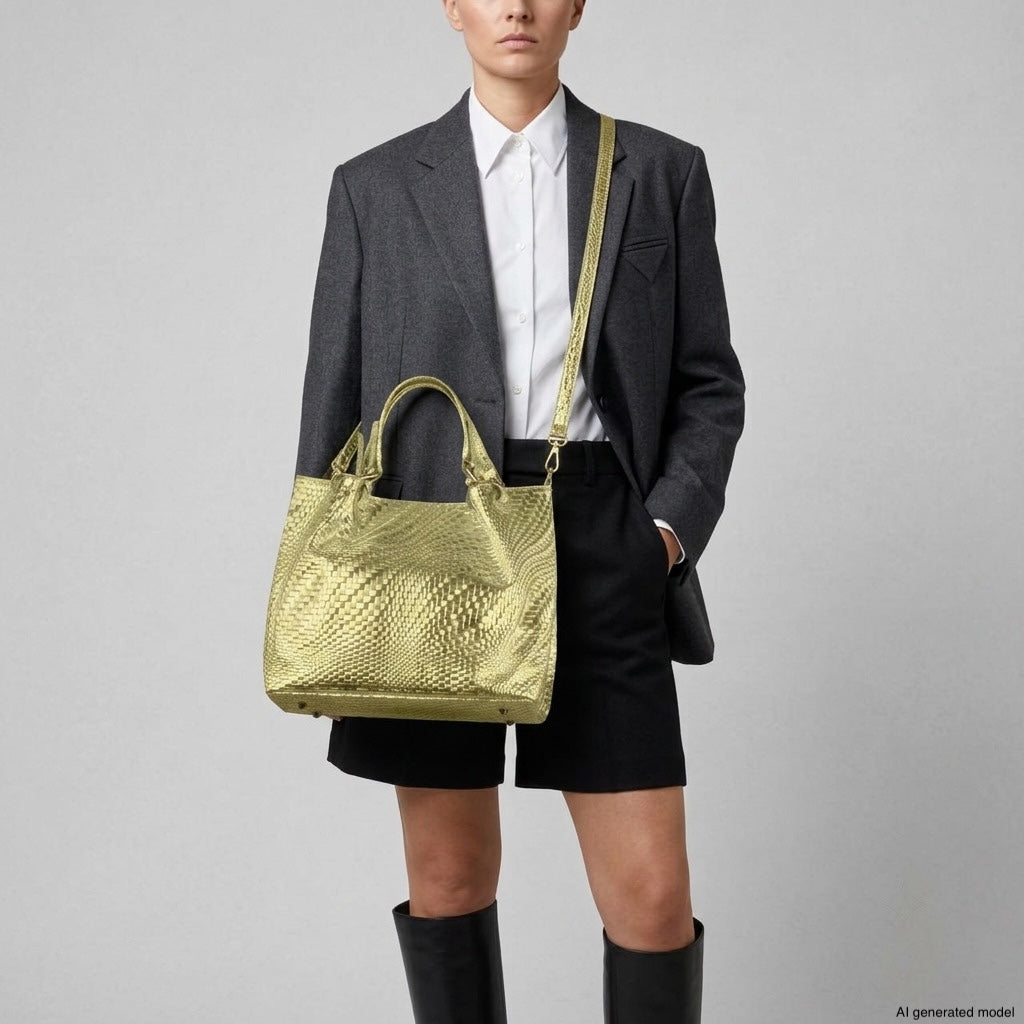 A person wearing a dark blazer, white shirt, black shorts, and knee-high boots holds a shiny gold metallic suede handbag with both handles and a shoulder strap. The background is plain and light gray.