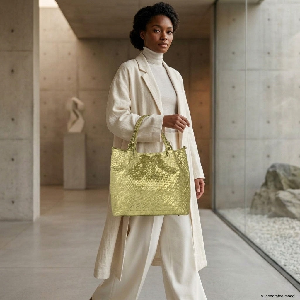 A woman in an ivory coat and turtleneck holds a luxurious Italian suede handbag, standing in a modern, minimalist room with concrete walls, glass, and stone accents.