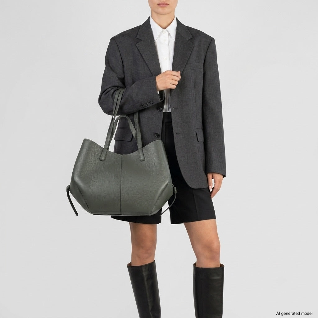 A person wearing a gray blazer, white shirt, black shorts, and knee-high black boots holds a large Italian calf leather handbag with a sculptural design. The background is plain and light-colored. The image is labeled as AI generated.