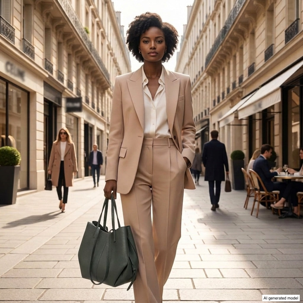 A stylish woman in a beige suit walks confidently down a city street, holding an Italian calf leather handbag with sculptural design. Outdoor café tables and people in business attire are visible in the background.