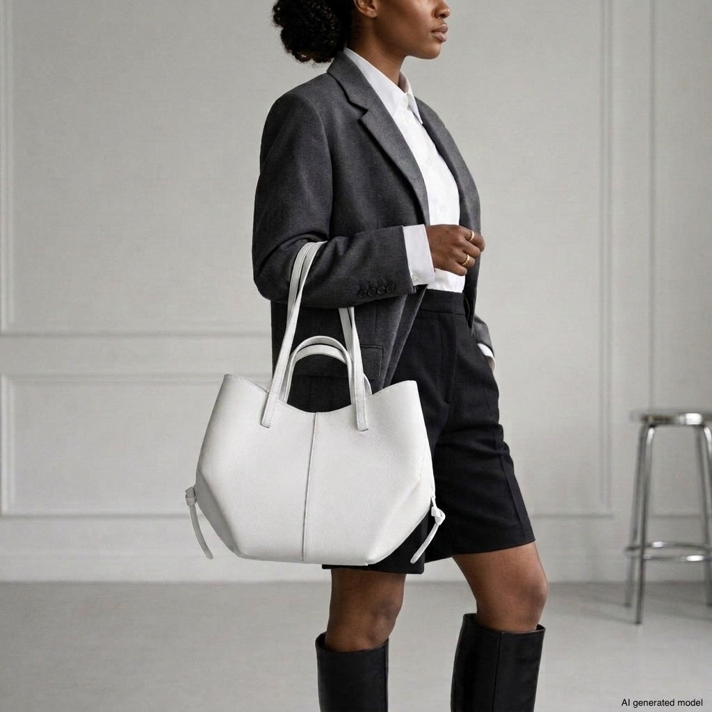 A woman in a dark blazer, white shirt, and black knee-length shorts stands indoors holding a large Italian calf leather handbag with a sculptural design. She wears tall black boots and has her hair pulled back. The background is minimal and light-colored.