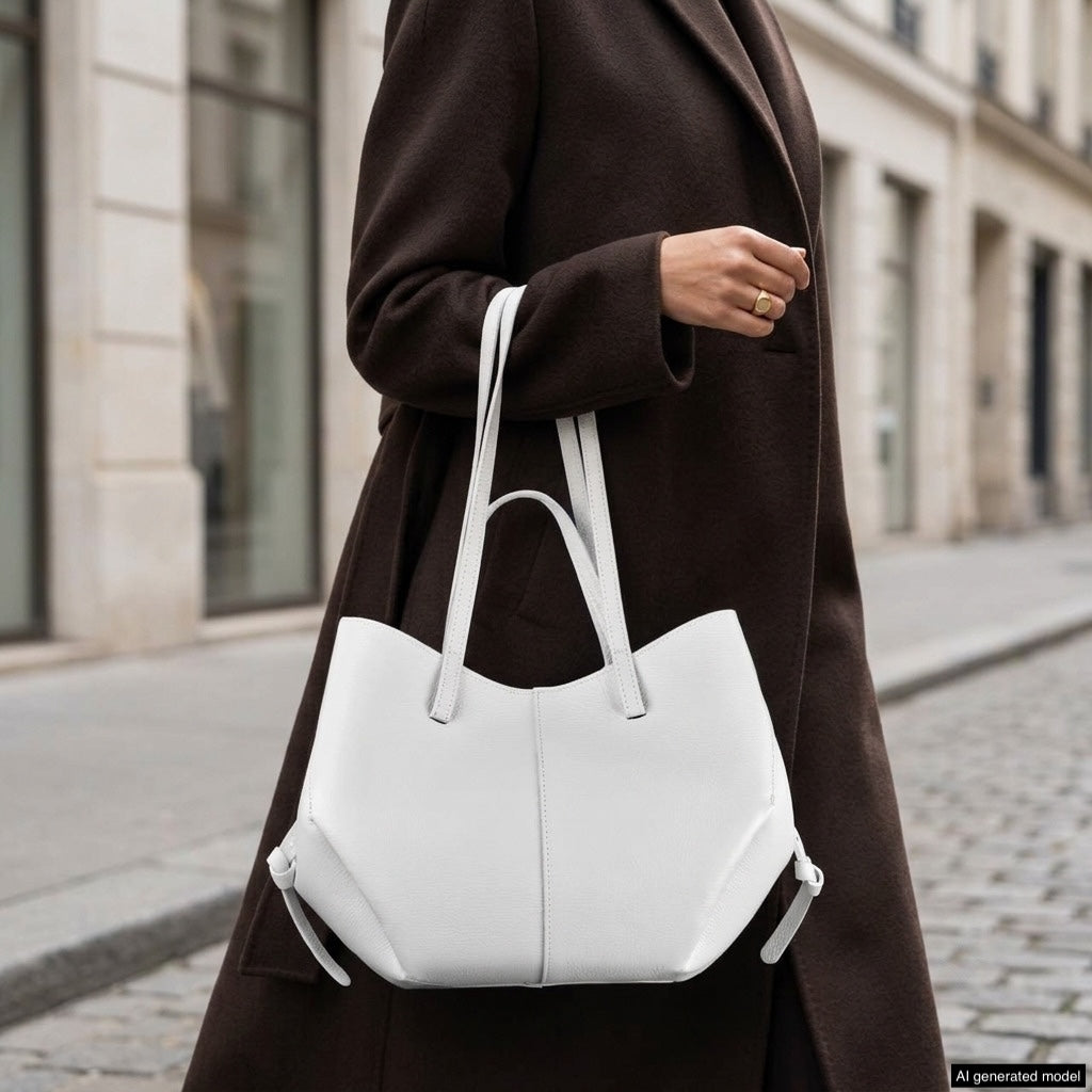 A person in a long dark coat carries an Italian calf leather handbag with a sculptural design while walking on a city street lined with stone buildings.