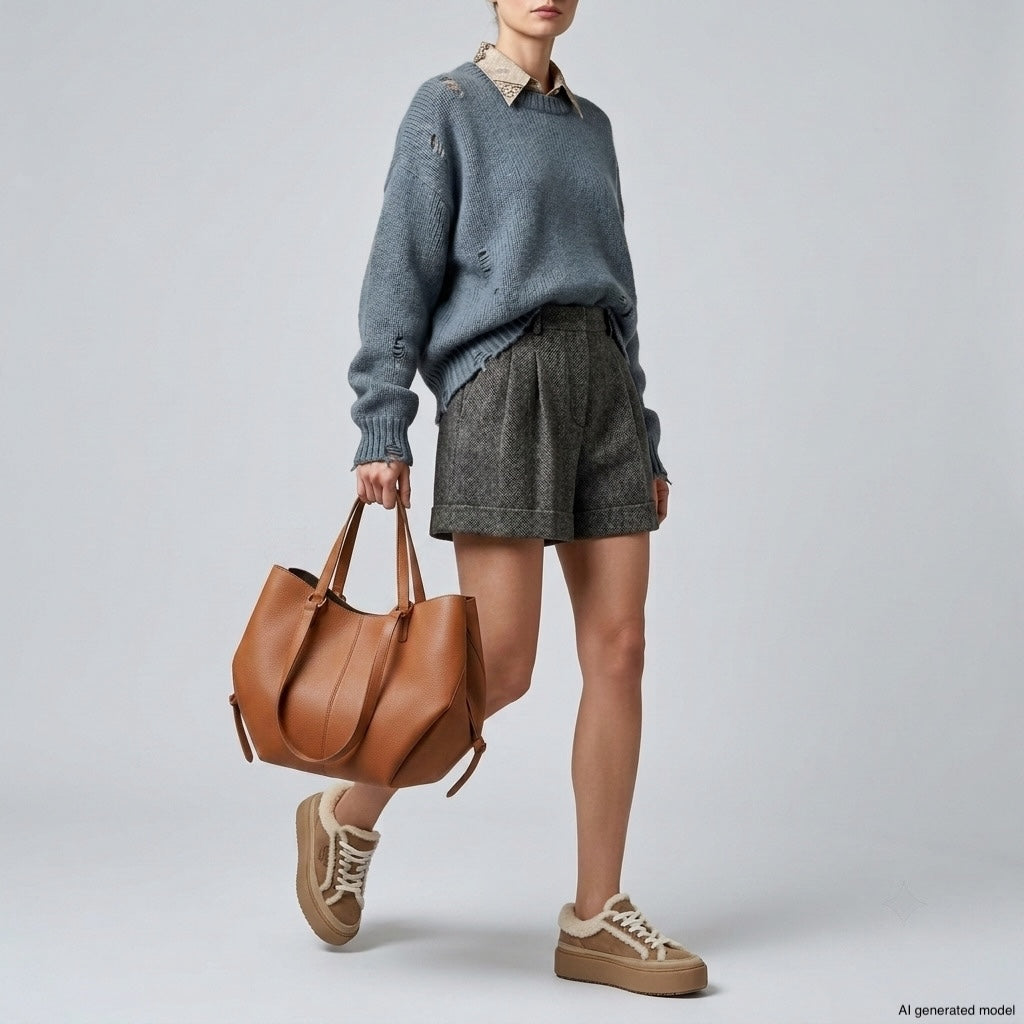Woman wearing a blue sweater, gray shorts, and beige sneakers holds an Italian calf leather handbag with sculptural design. Her head is slightly turned as she stands against a plain light background.