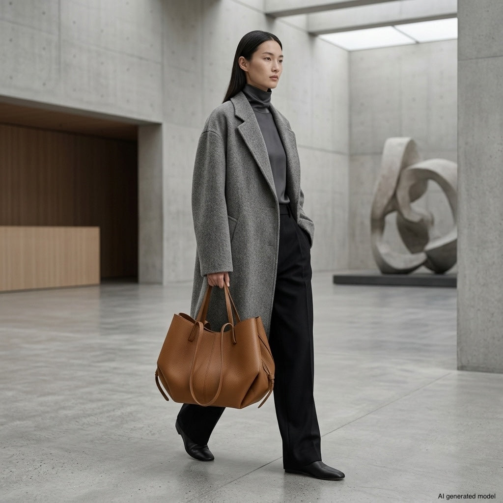 A woman in a gray coat and black pants walks through a modern, minimalist space, carrying a large Italian calf leather handbag. Abstract sculpture and concrete walls are visible in the background.