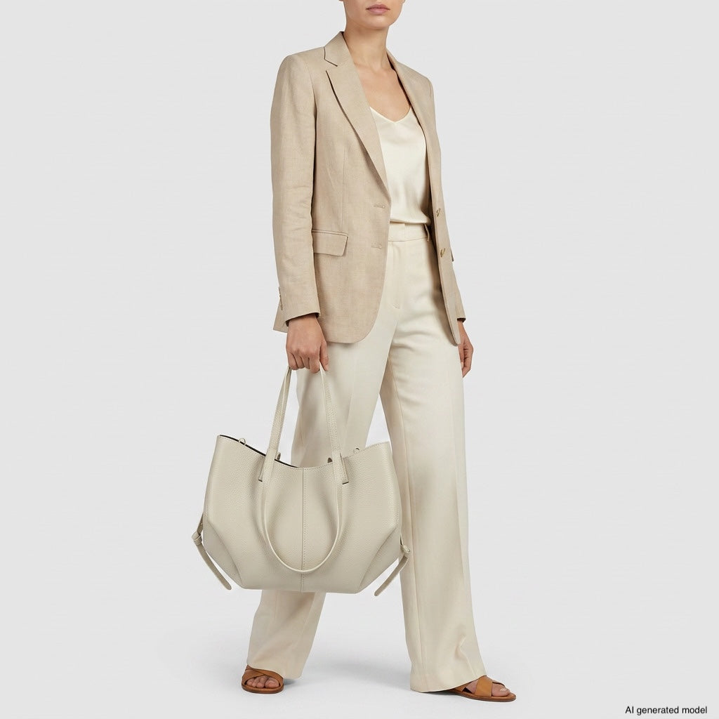A woman wearing a beige blazer, cream top, and cream pants stands holding a large Italian calf leather handbag with sculptural design. She is also wearing brown sandals. The background is plain white.