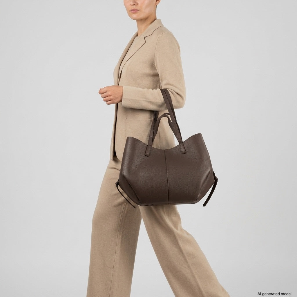 A person wearing a beige suit walks while carrying a sculptural design dark brown Italian calf leather handbag with double handles against a plain light background.